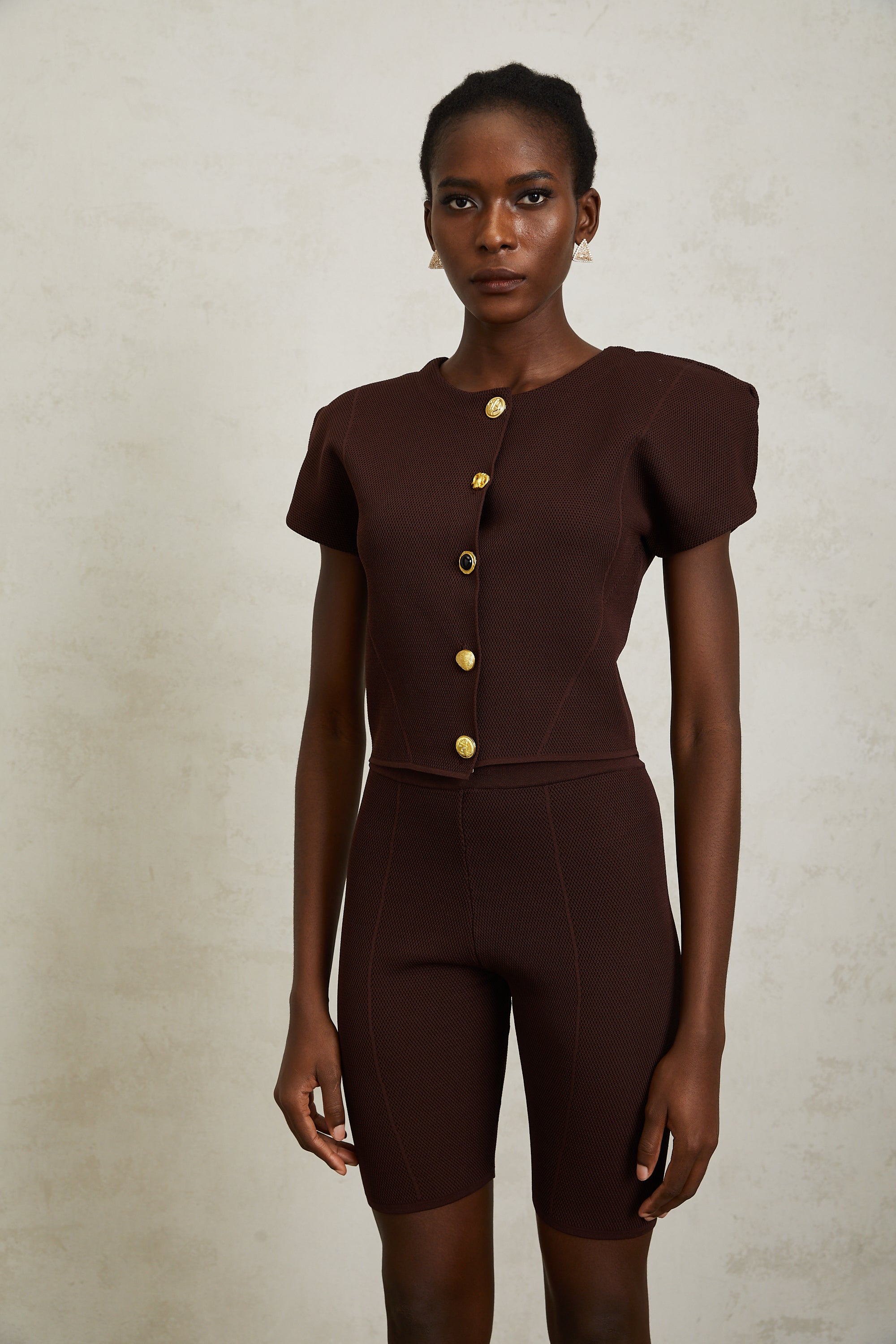 Hélène Brown Textured Knit Top & Shorts Set