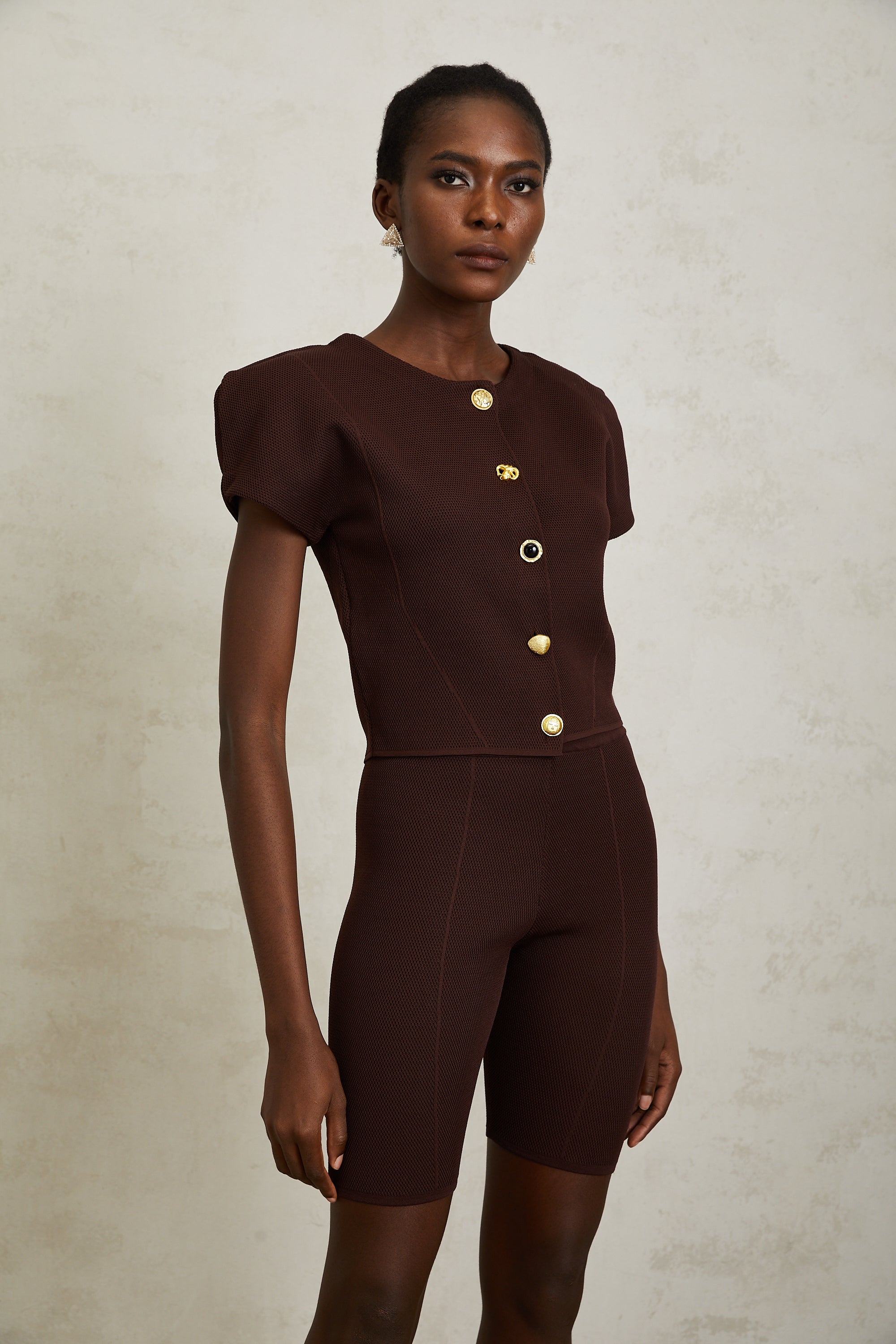 Hélène Brown Textured Knit Top & Shorts Set