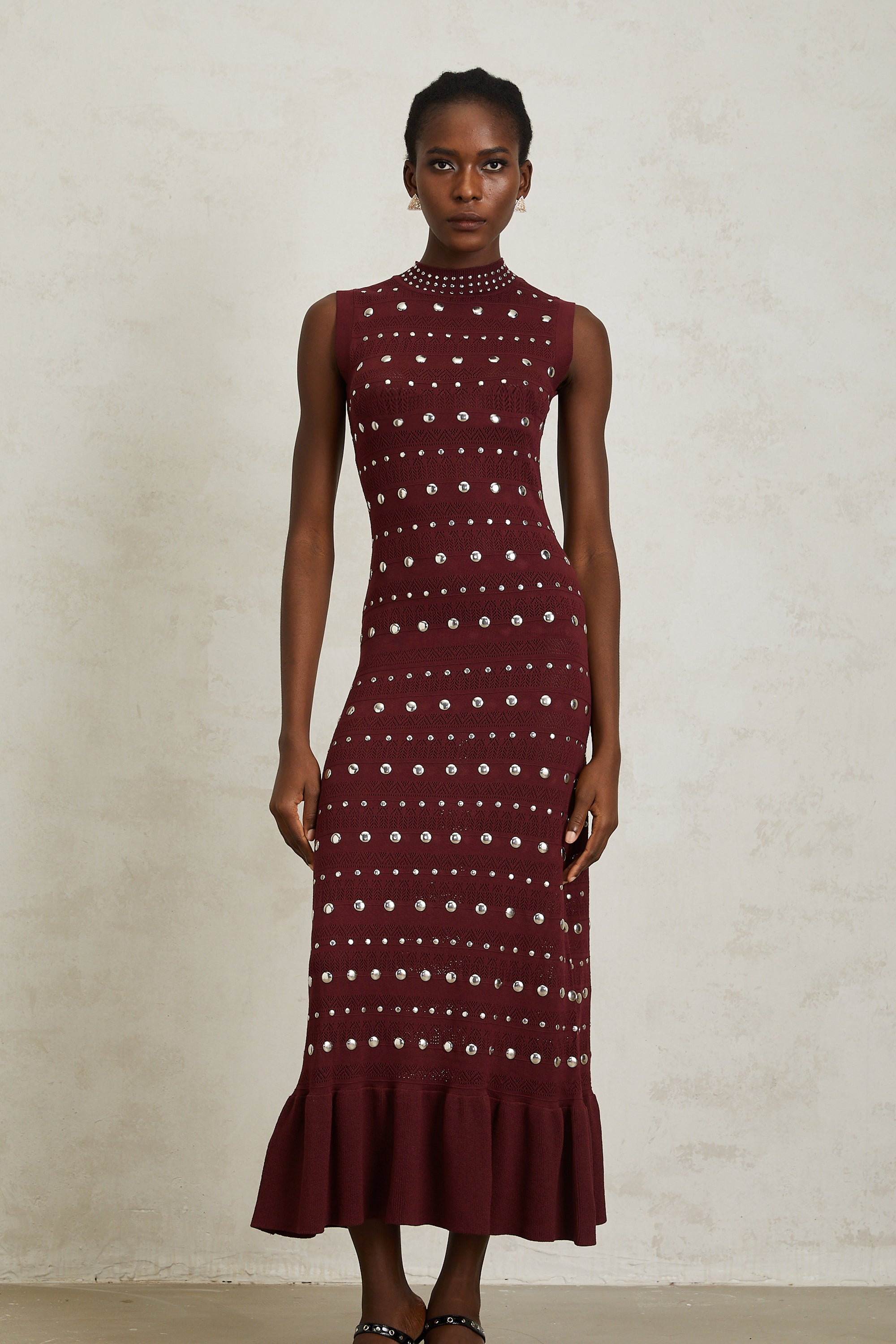 Chloé Red Studded Crochet Knit Maxi Dress