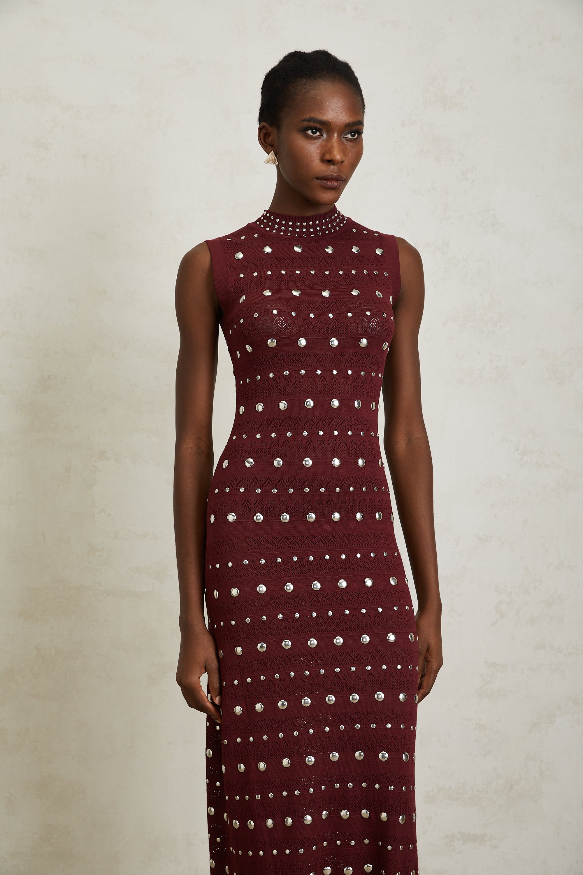 Chloé Red Studded Crochet Knit Maxi Dress