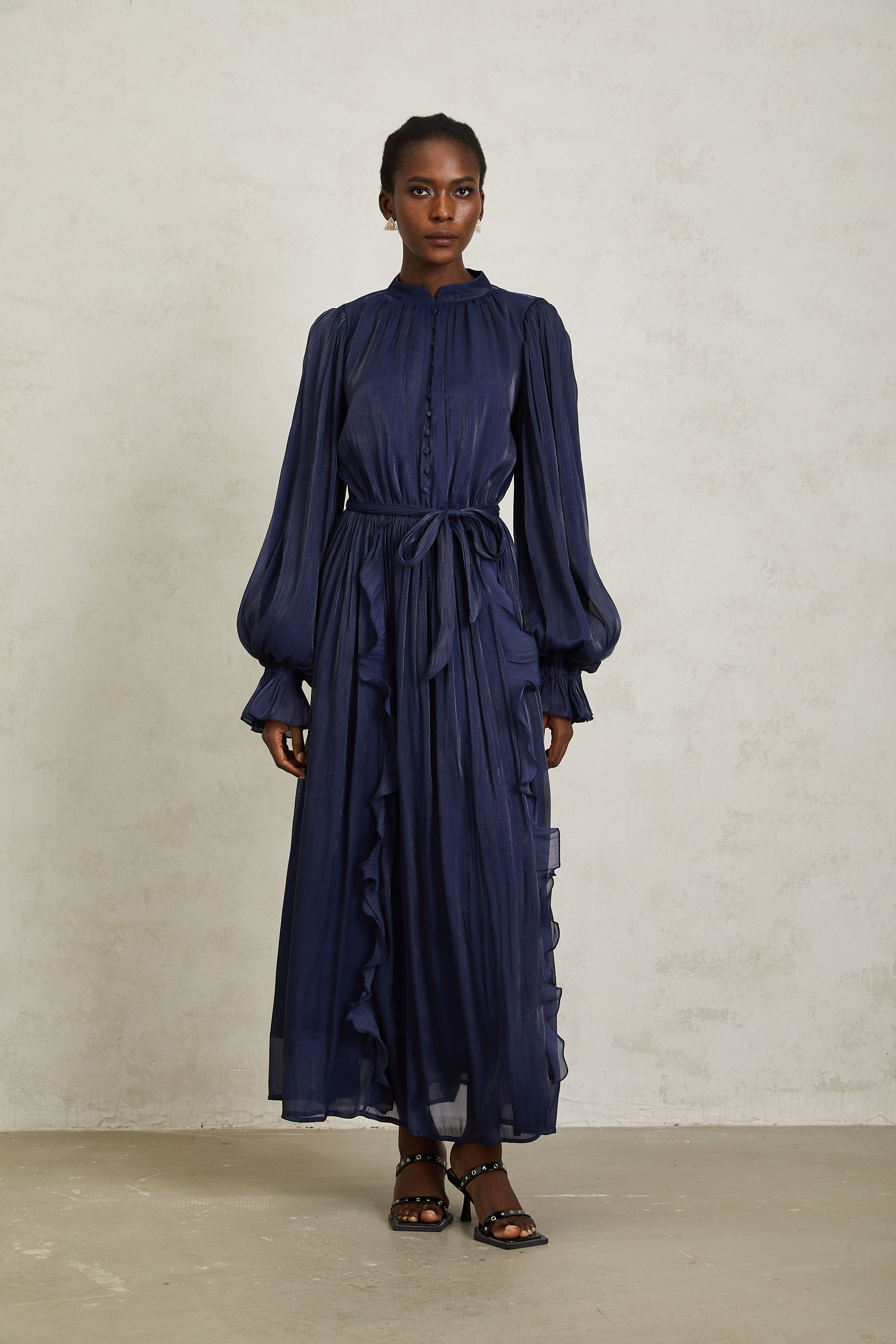 Nanette Dark Blue Glossy Pleated Maxi Dress