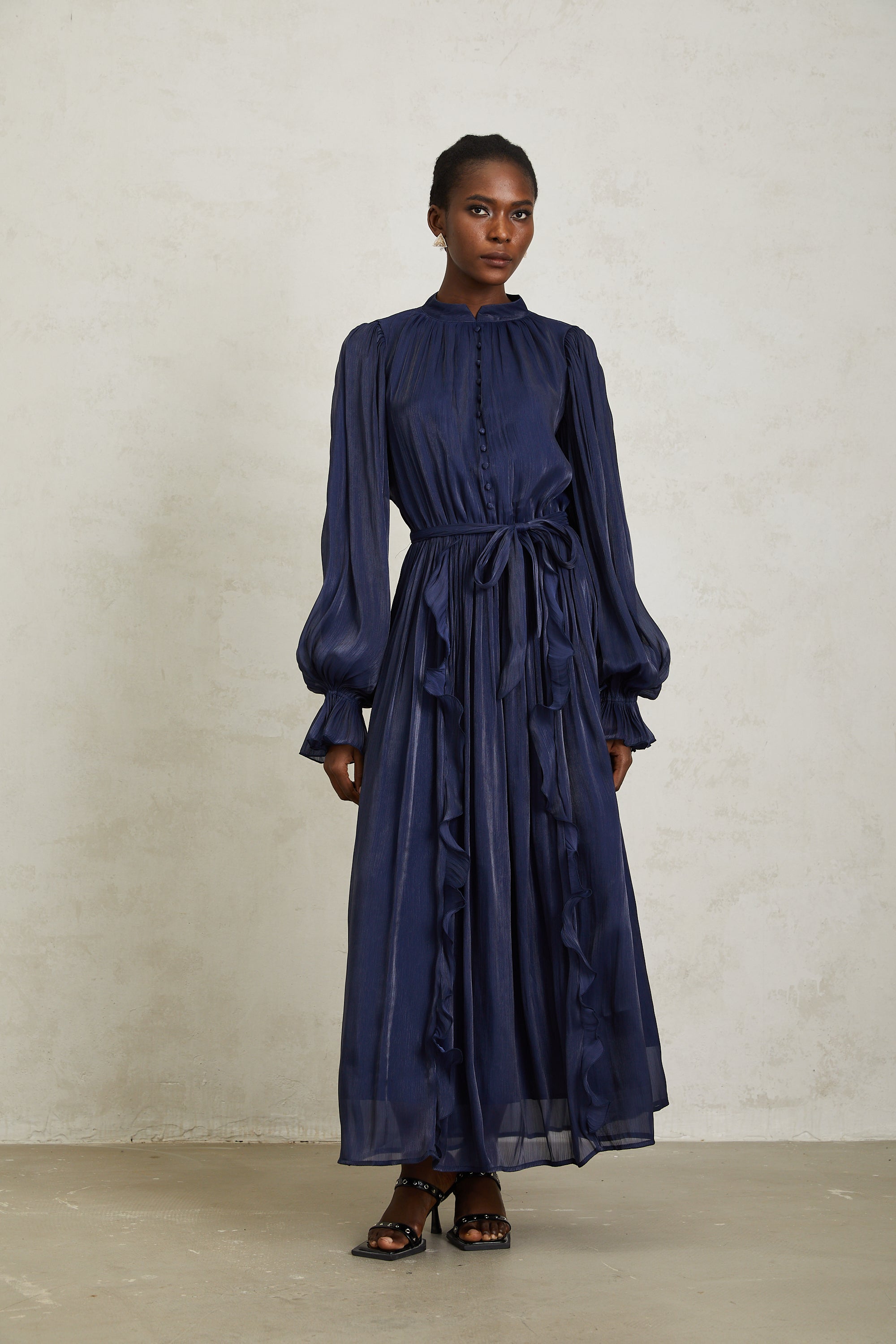 Nanette Dark Blue Glossy Pleated Maxi Dress