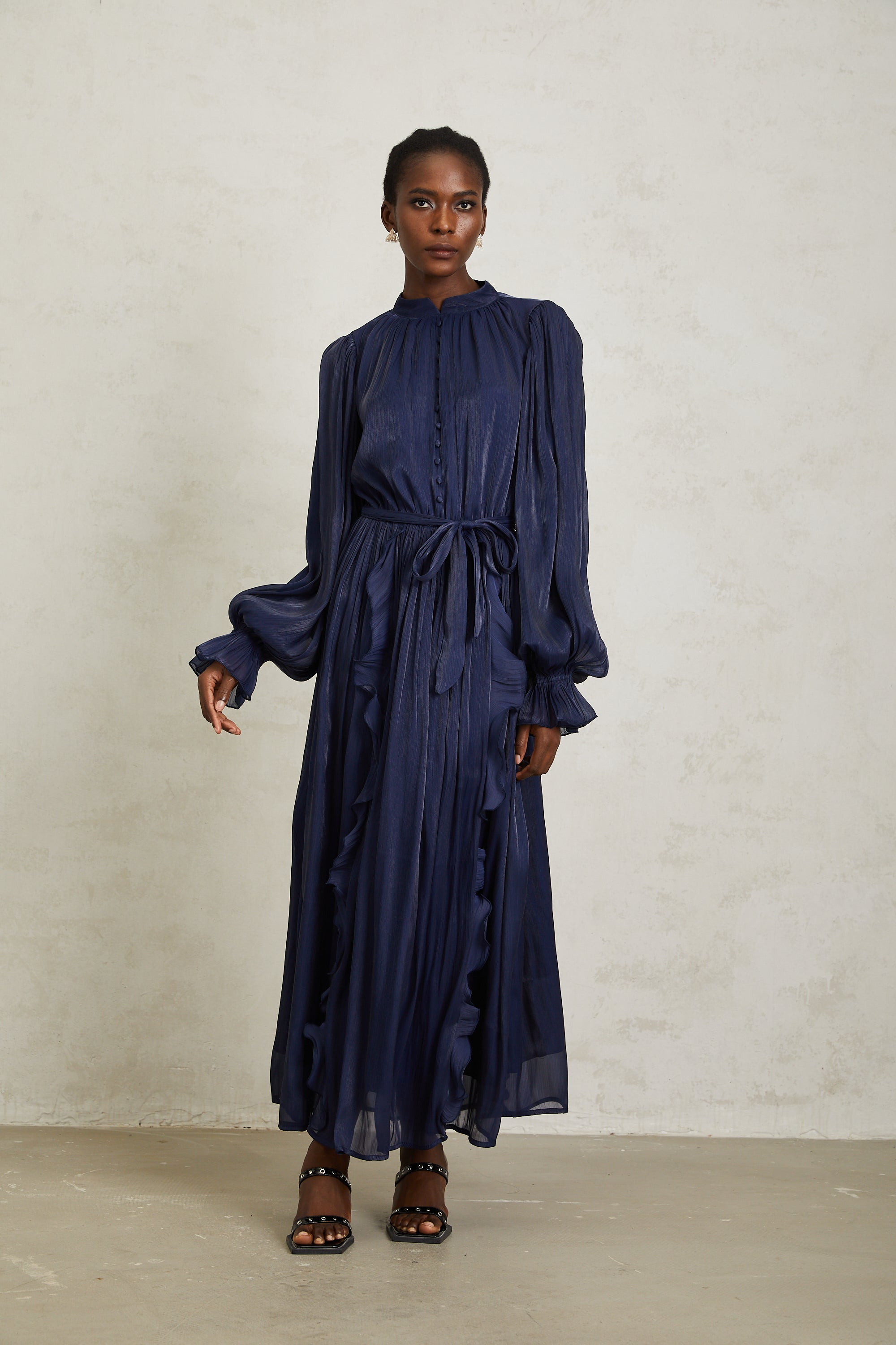 Nanette Dark Blue Glossy Pleated Maxi Dress