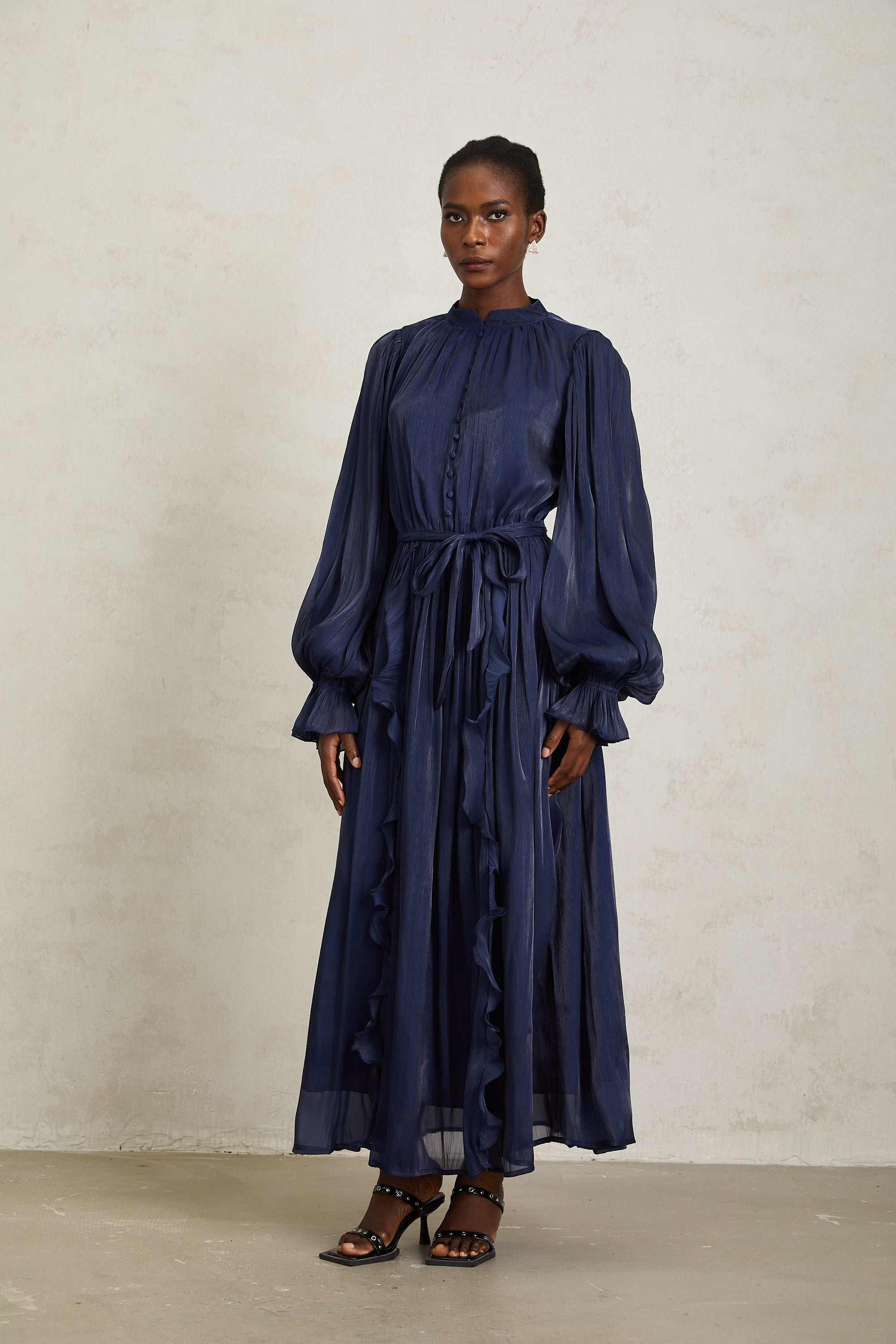 Nanette Dark Blue Glossy Pleated Maxi Dress