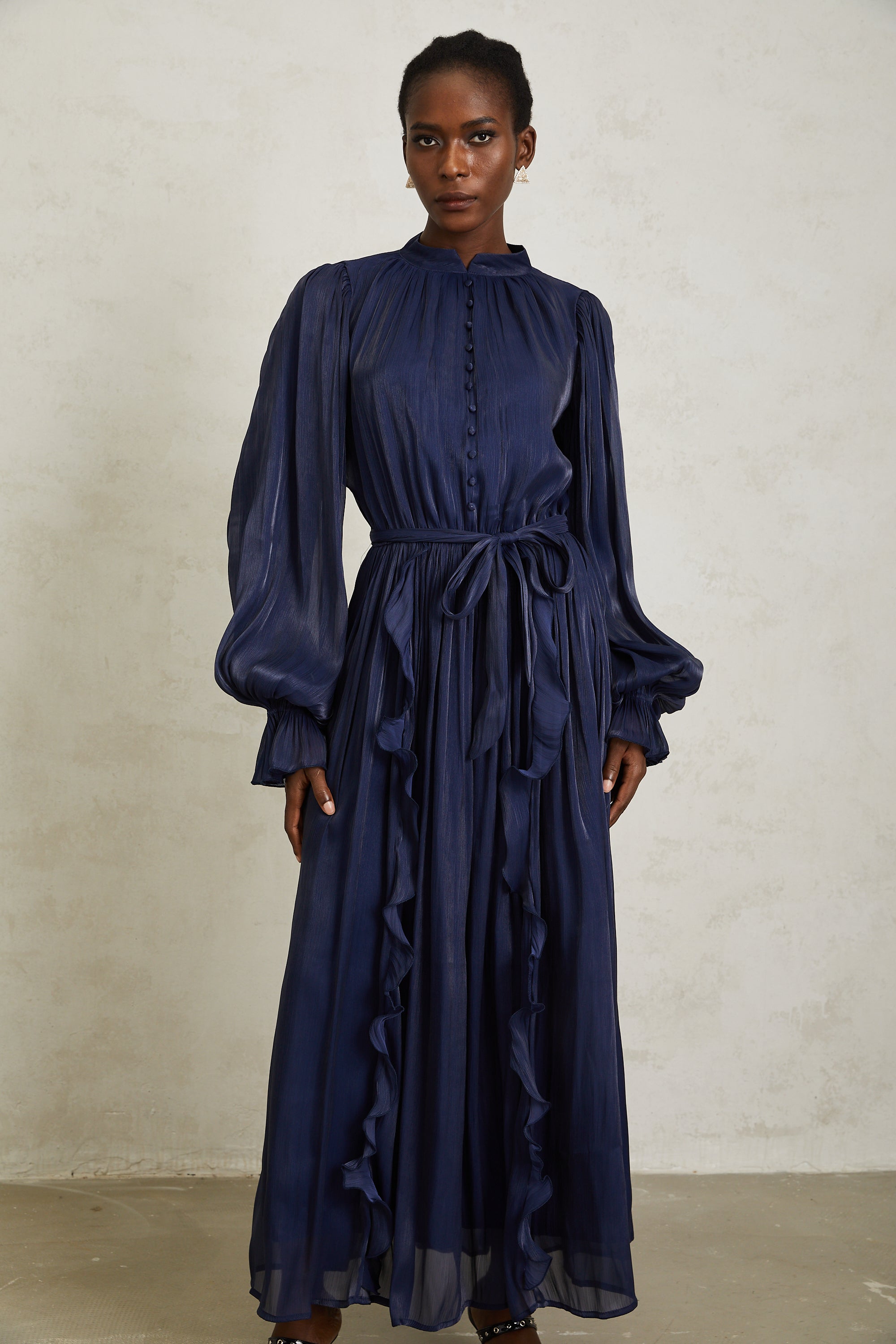 Nanette Dark Blue Glossy Pleated Maxi Dress