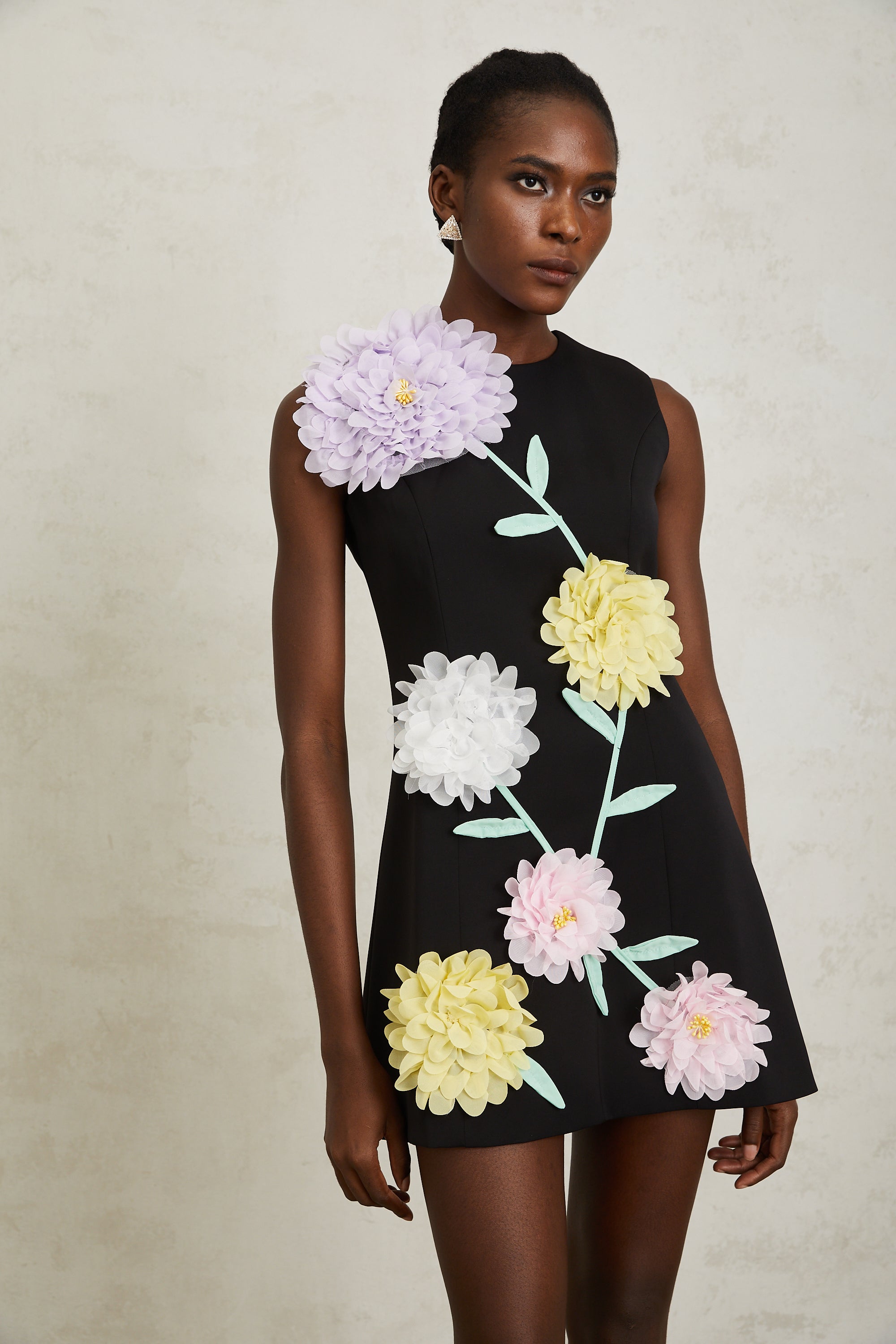 Véronique Black 3D Petal Sleeveless Mini Dress