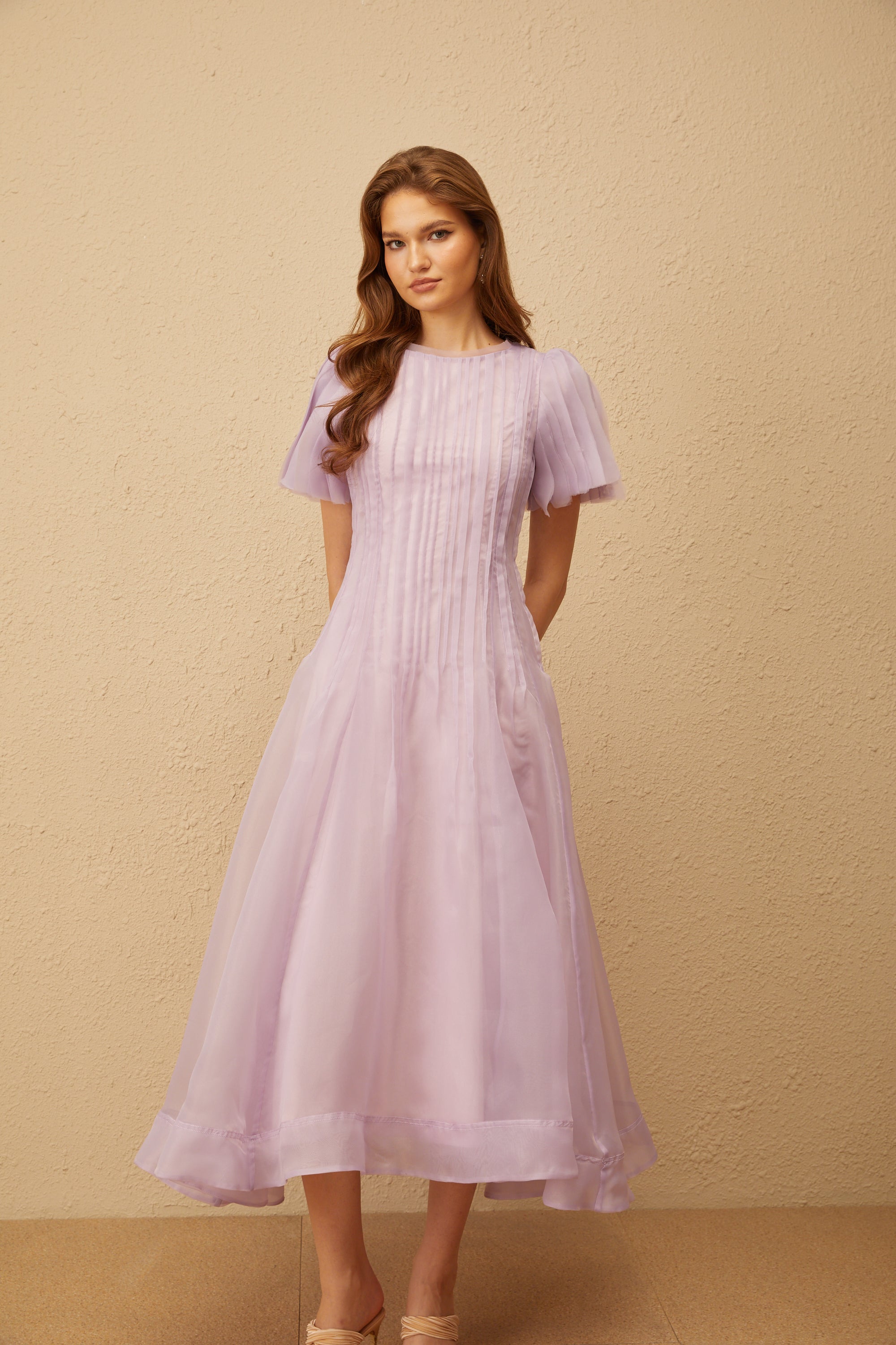 Léna Light Purple Pleated Organza Midi Dress (Final Sale-US Only)