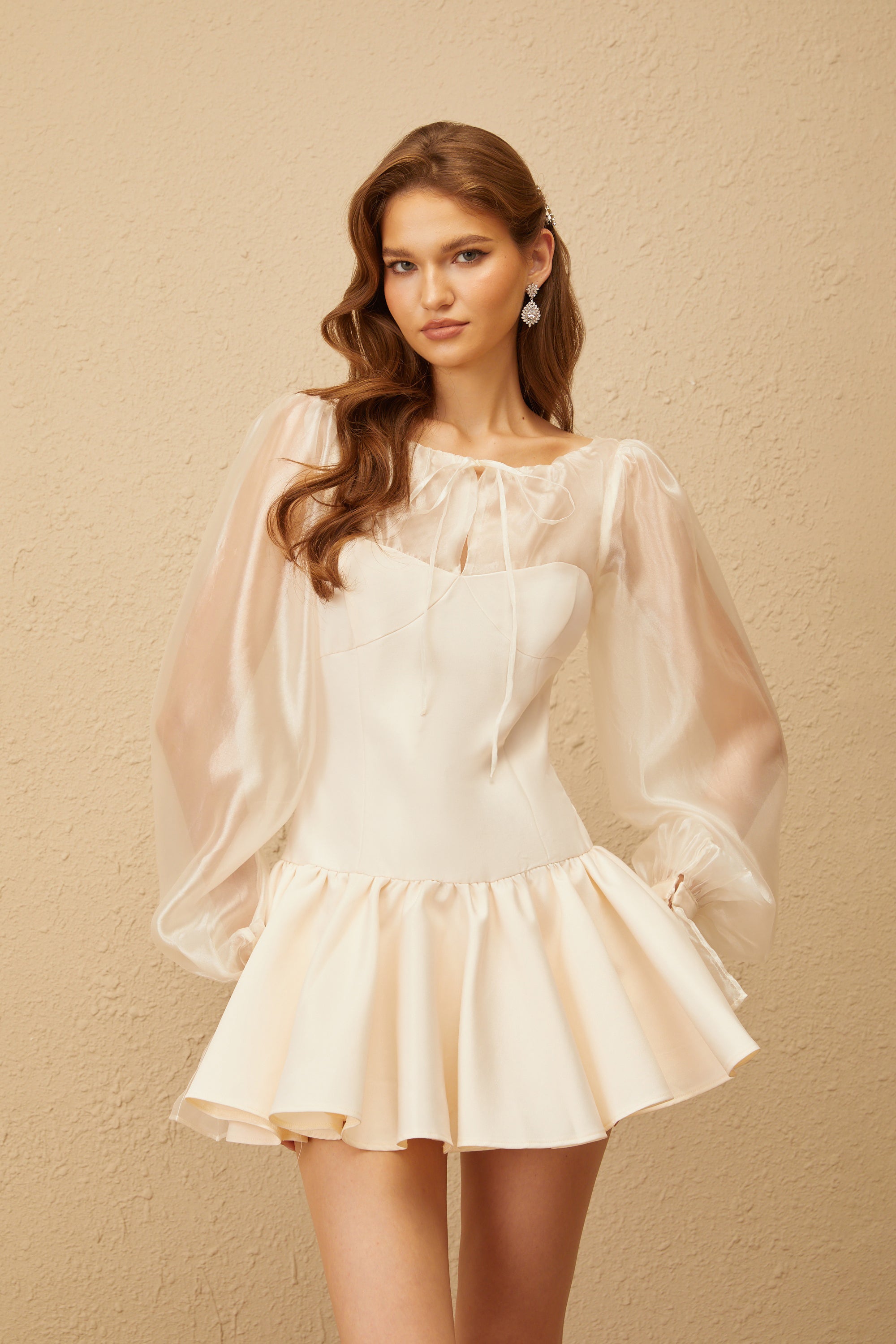 Irène Neutral Self Tie Organza Panel Mini Dress