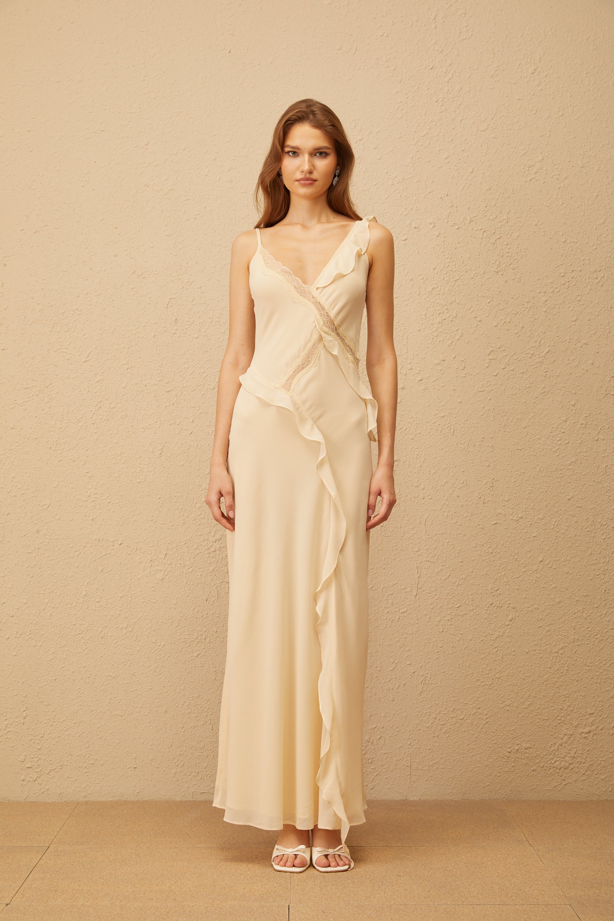 Mathilde Neutral Aysmmetrical Ruffled Trim Maxi Dress