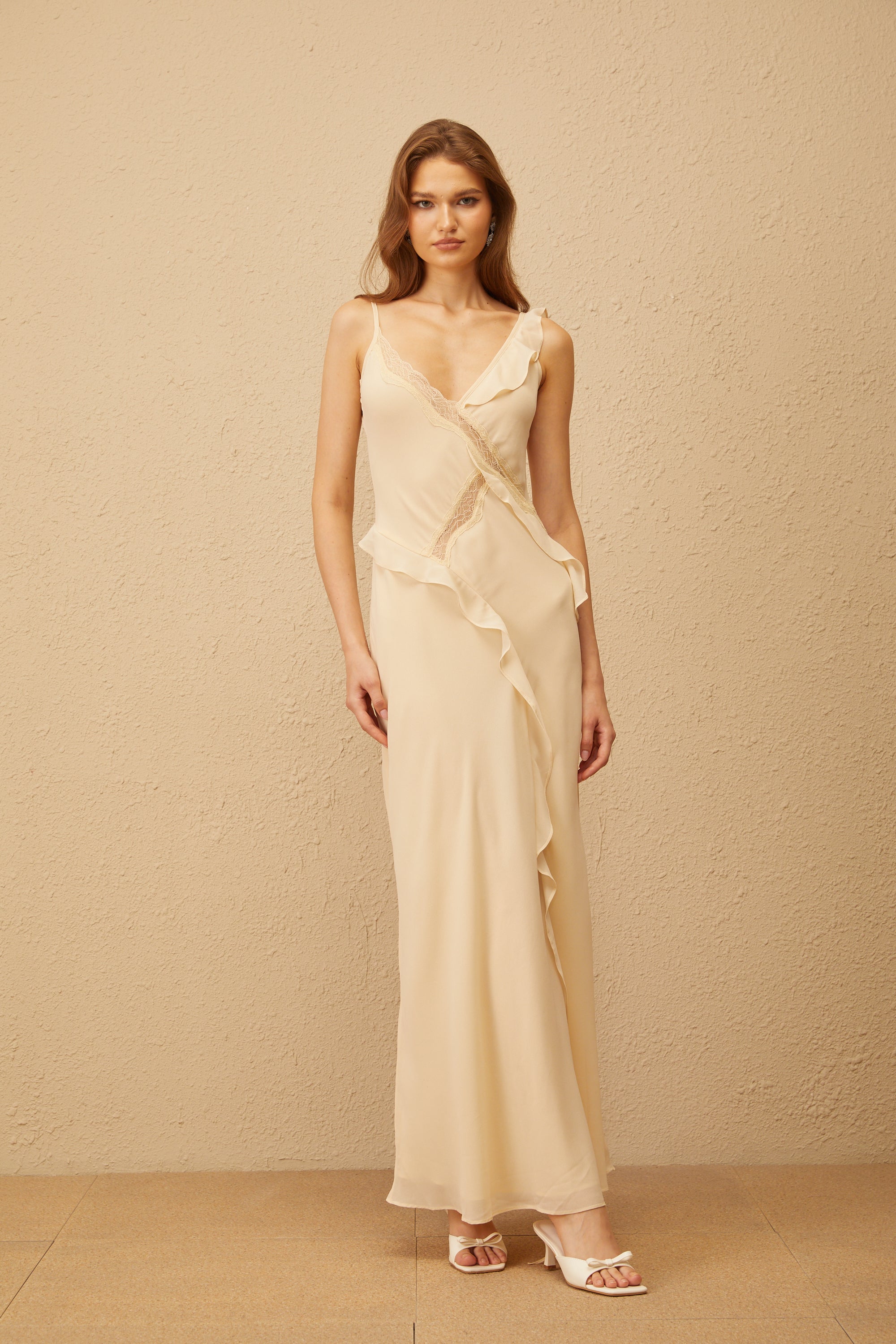 Mathilde Neutral Aysmmetrical Ruffled Trim Maxi Dress