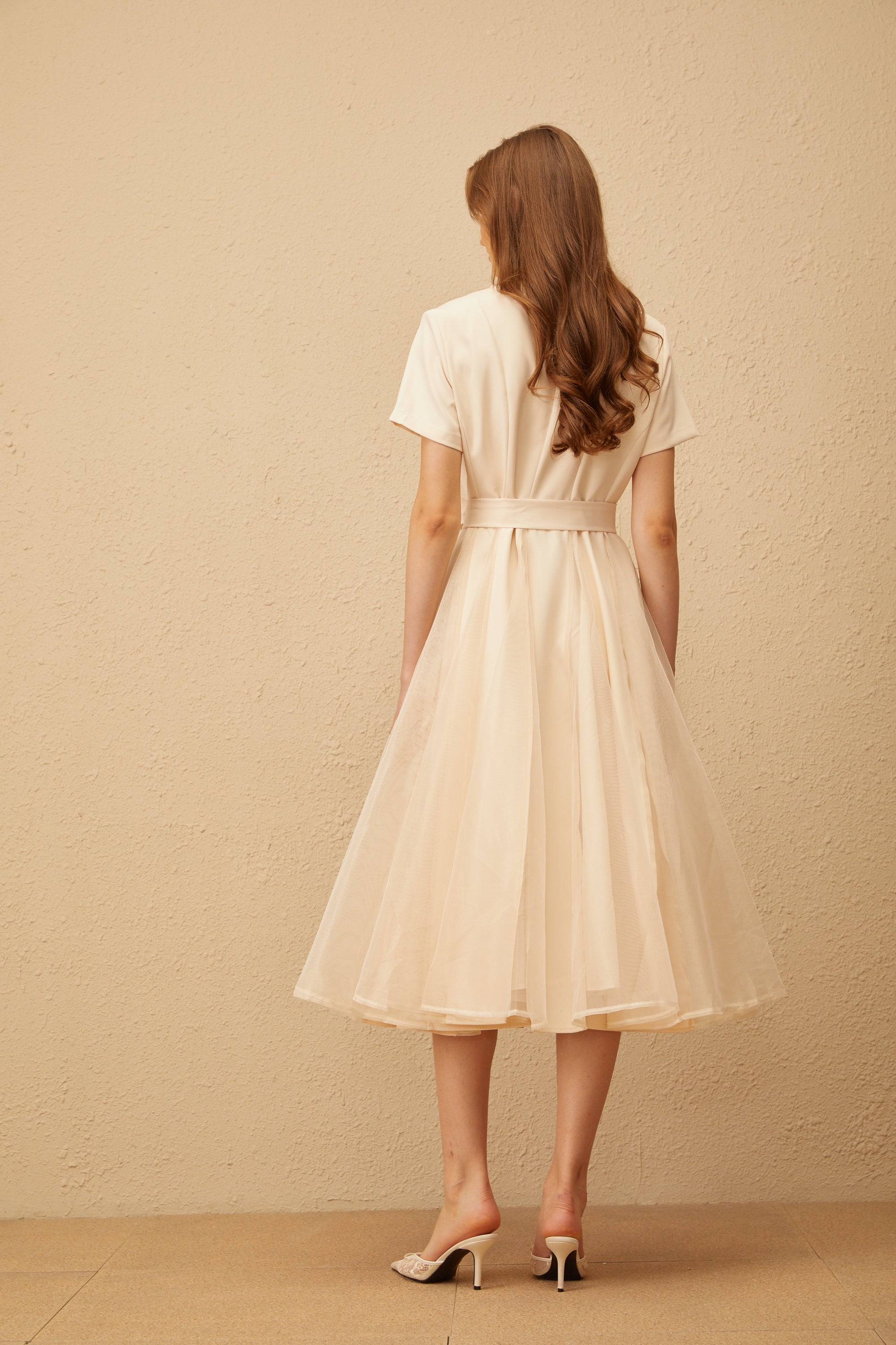 Aurore Neutral Tulle Panel Wraped Midi Dress