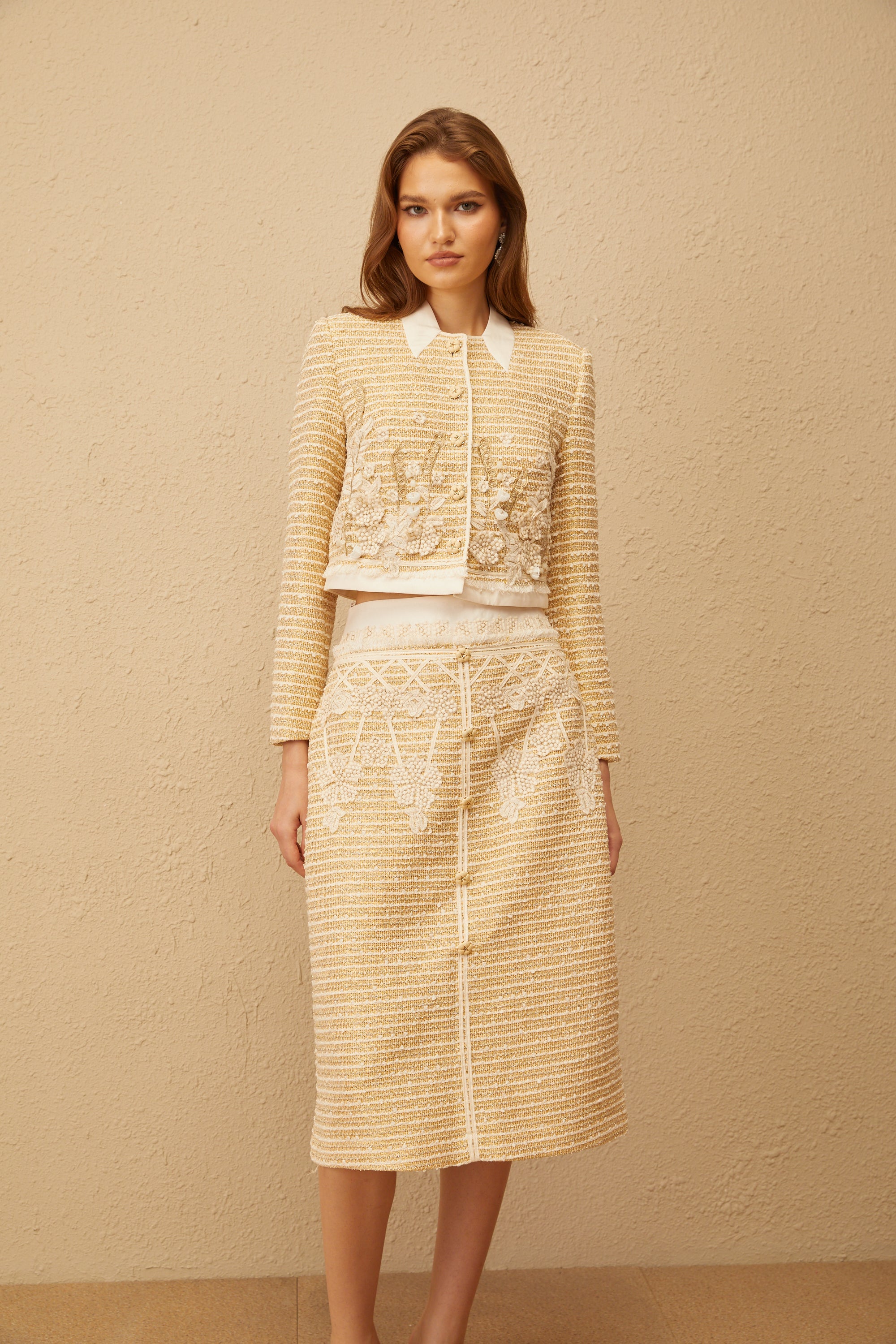 Catalina Neutral Floral Jacquard Tweed Jacket & Skirt Set