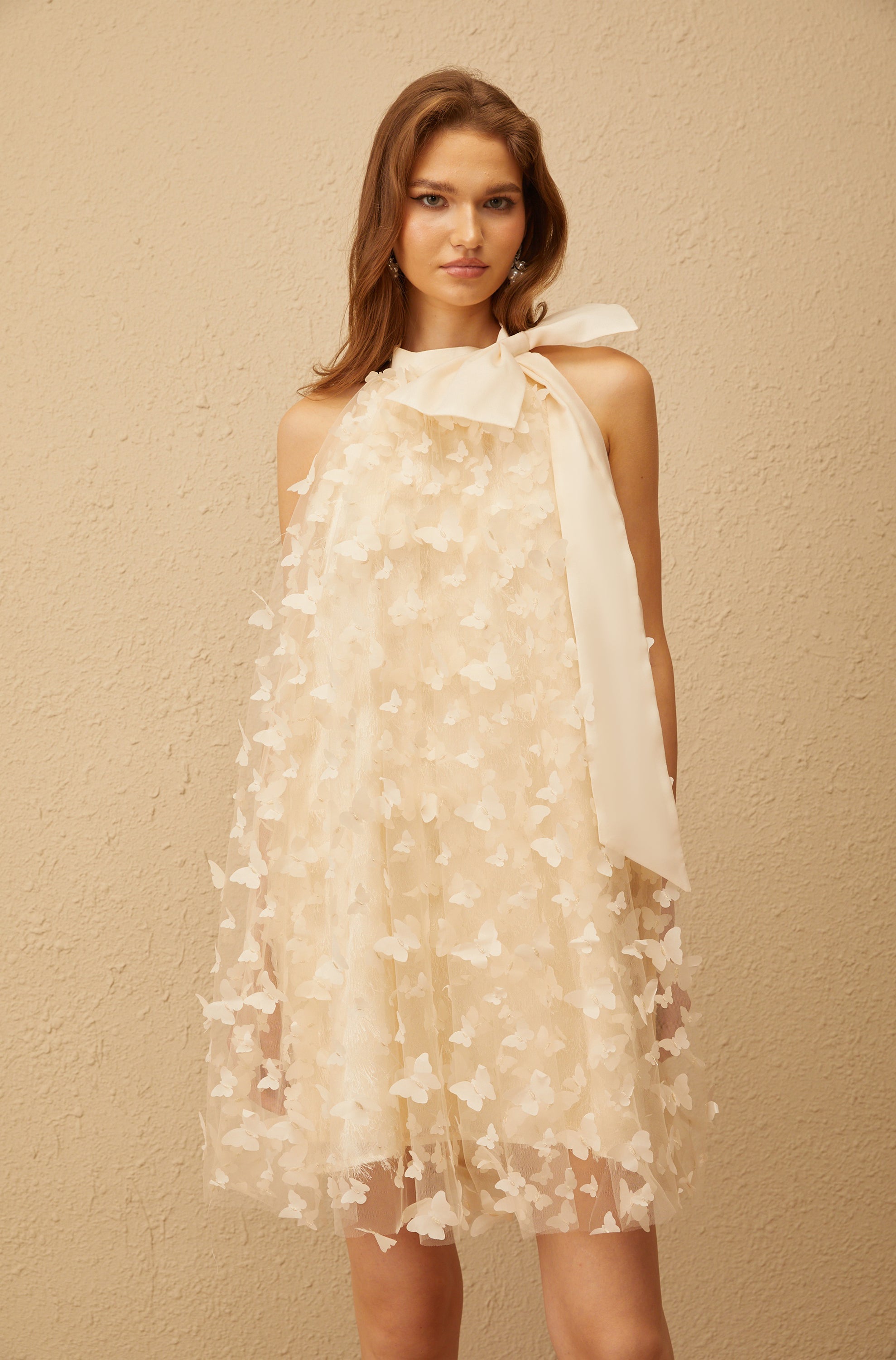 فستان قصير من التول بتصميم فراشة ثلاثي الأبعاد بلون بني محايد