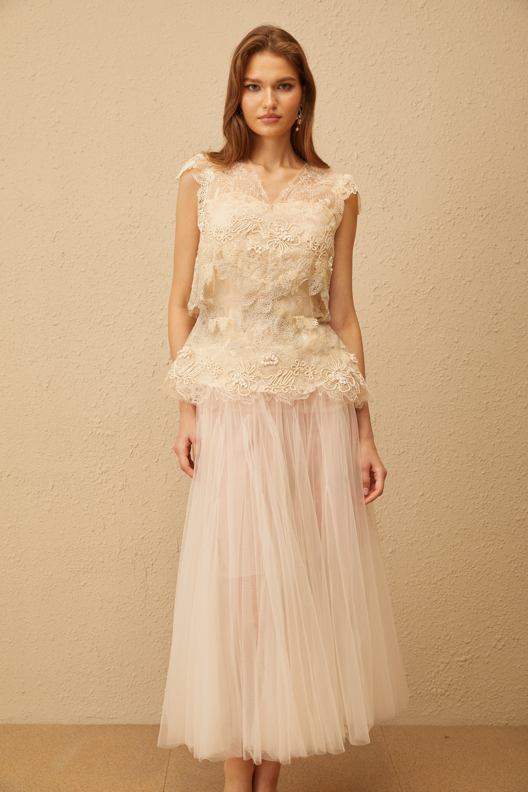 Marin Neutral Crochet Floral Tulle Top & Skirt Set