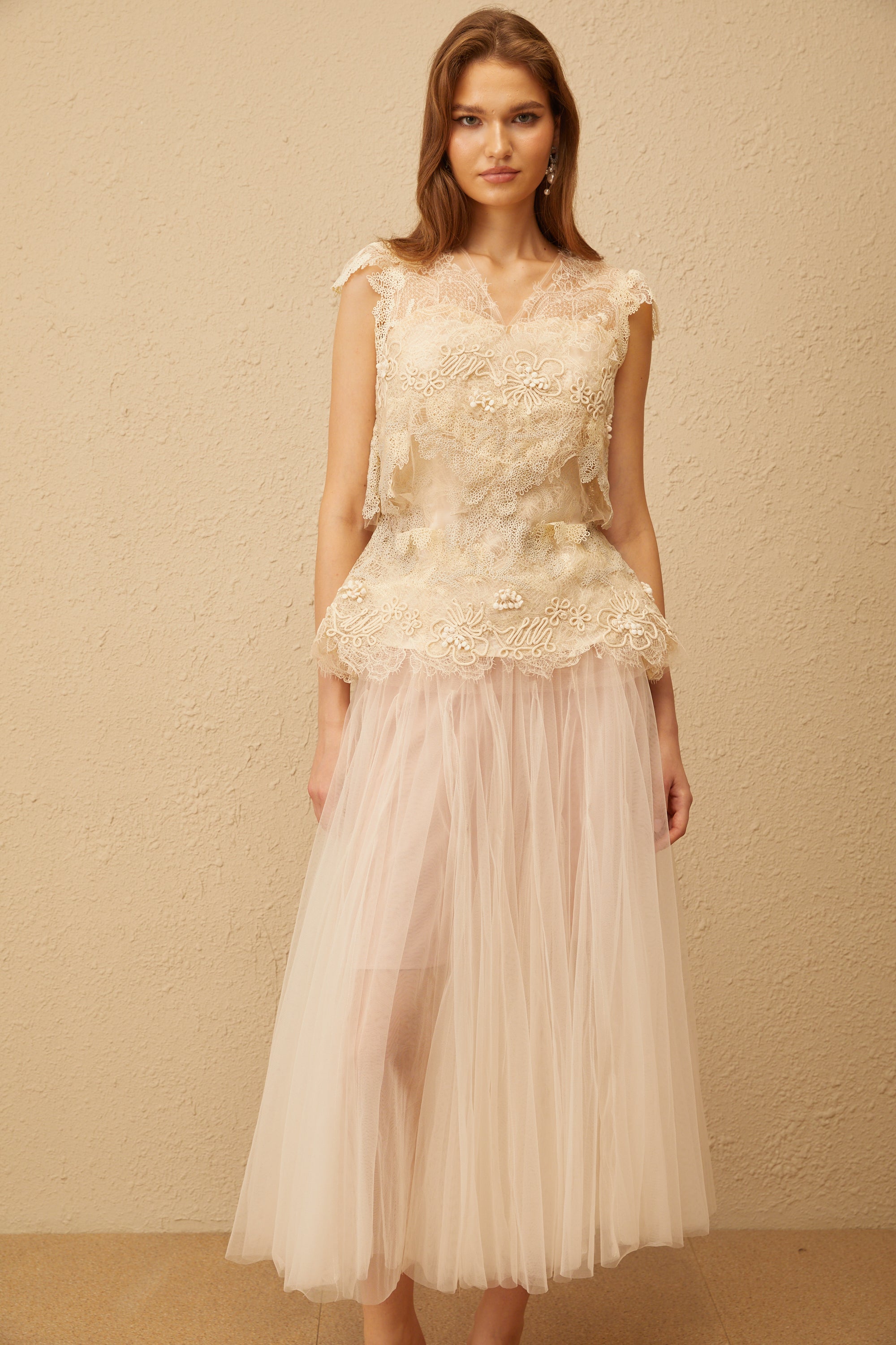 Marin Neutral Crochet Floral Tulle Top & Skirt Set