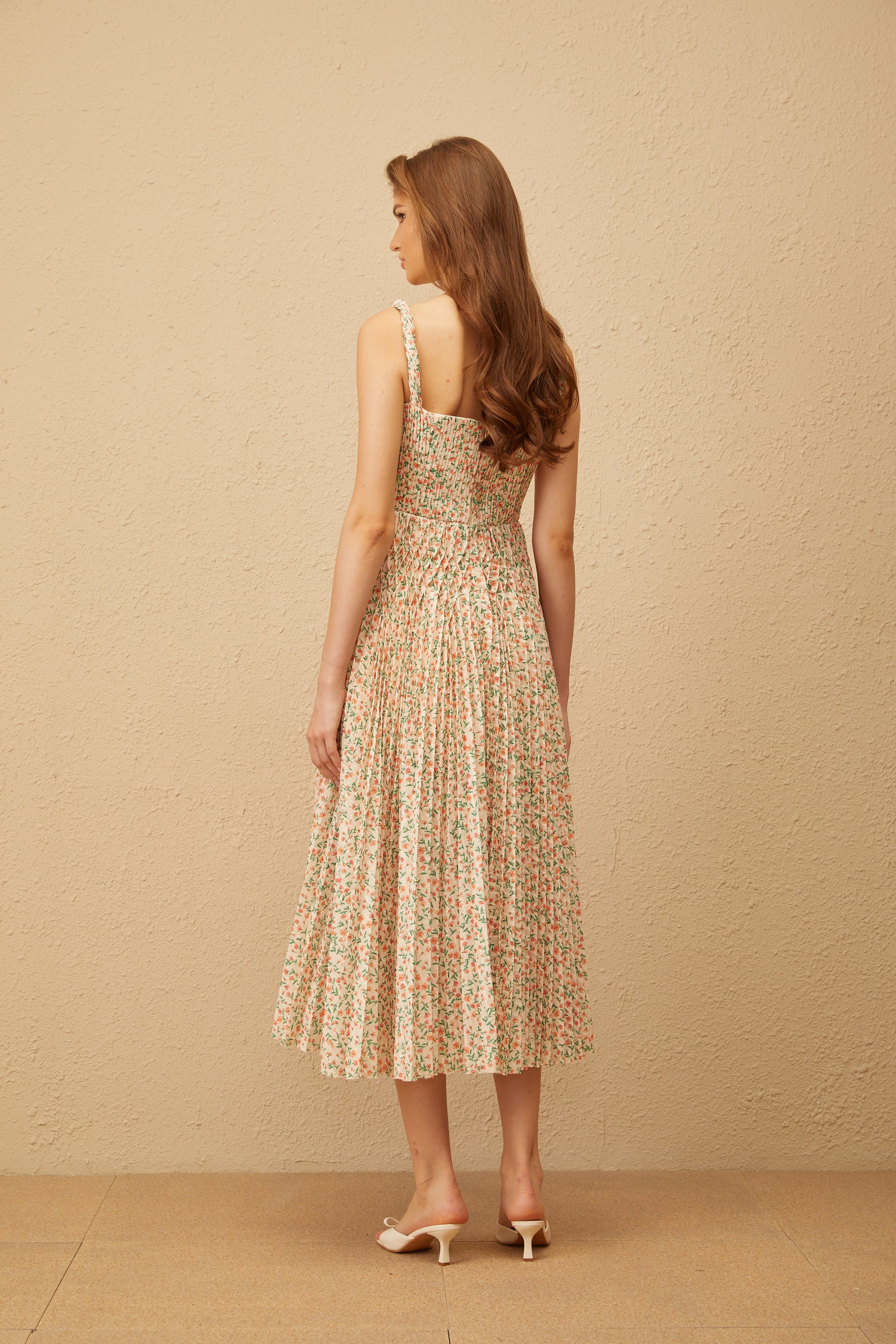 Marion Neutral Floral Print Pleated Midi Dress (Final Sale)