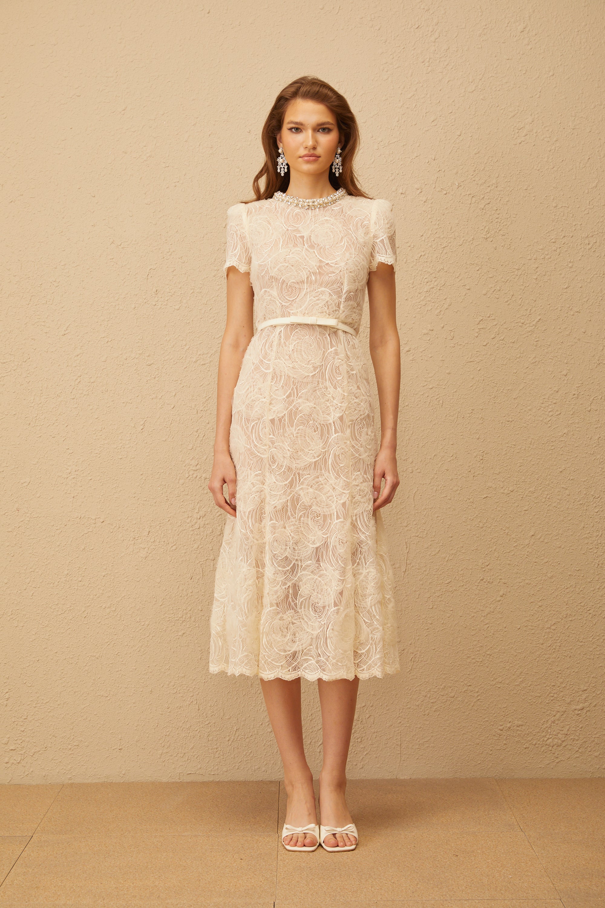 Félicie White Embellished Floral Lace Midi Dress