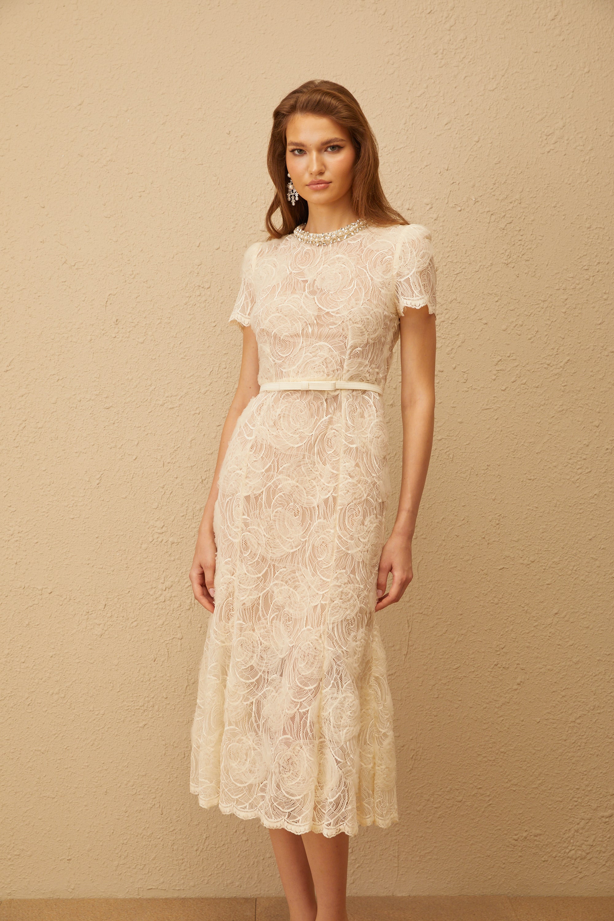 Félicie White Embellished Floral Lace Midi Dress