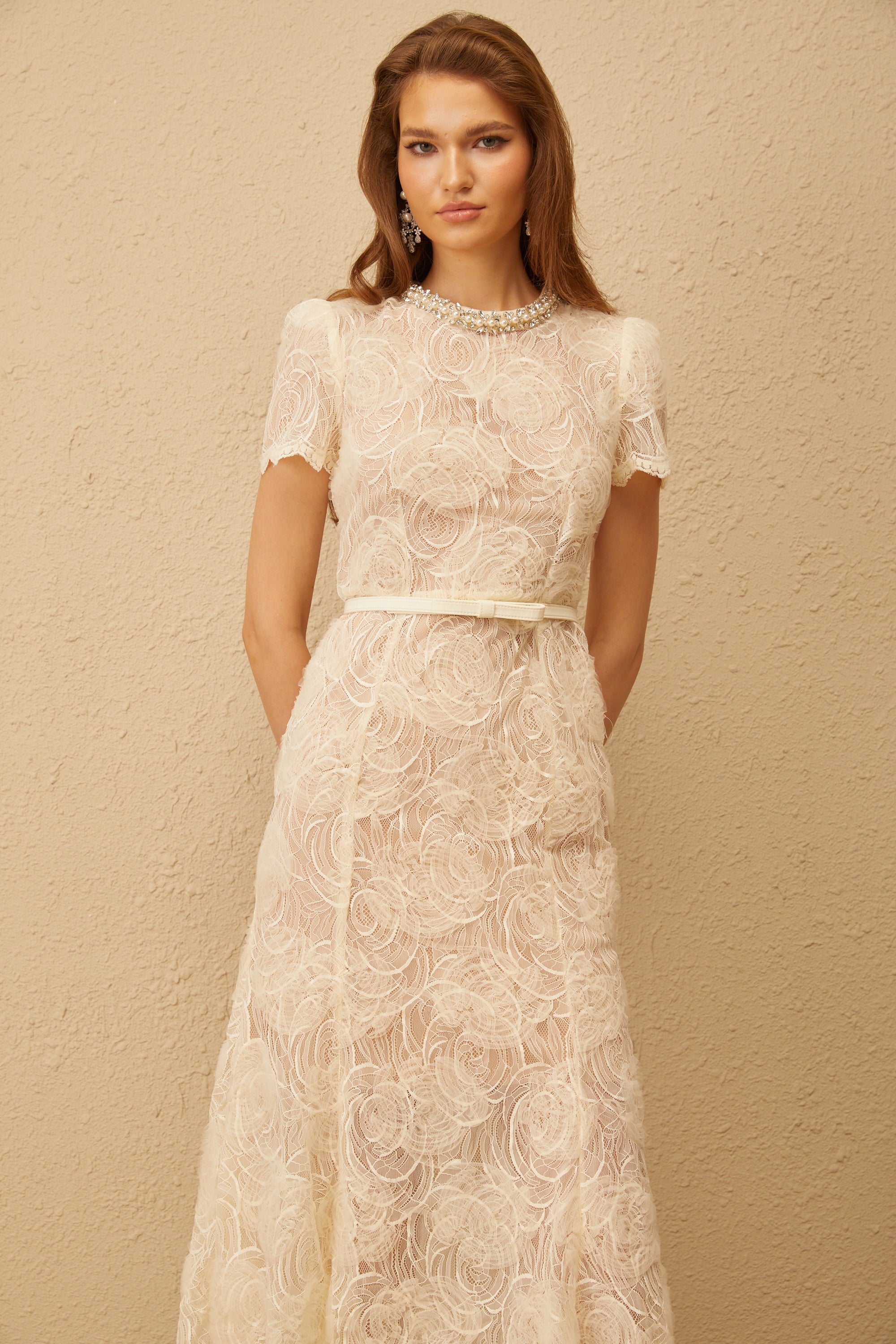 Félicie White Embellished Floral Lace Midi Dress