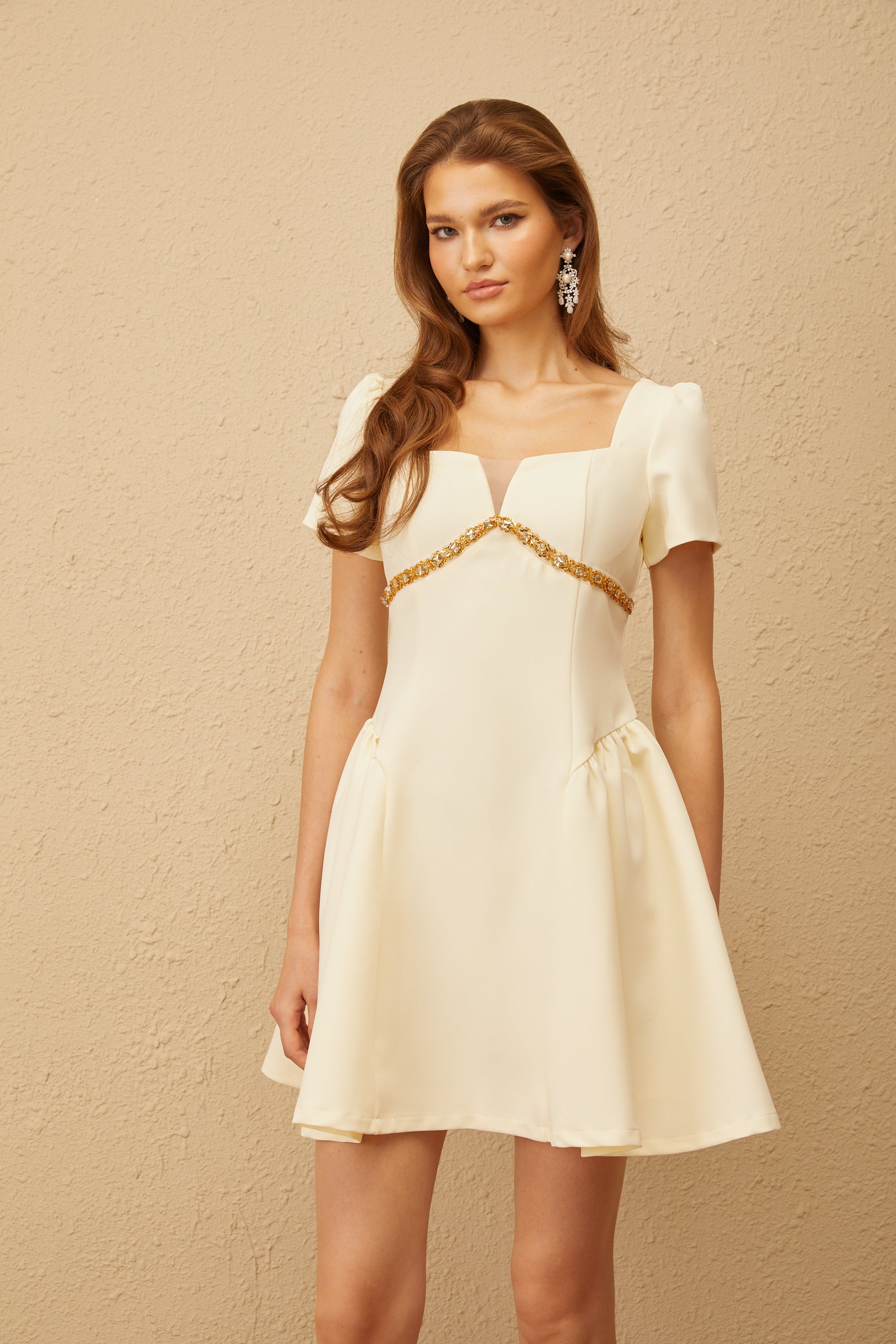 Anaïs Neutral Embellished Puff Mini Dress