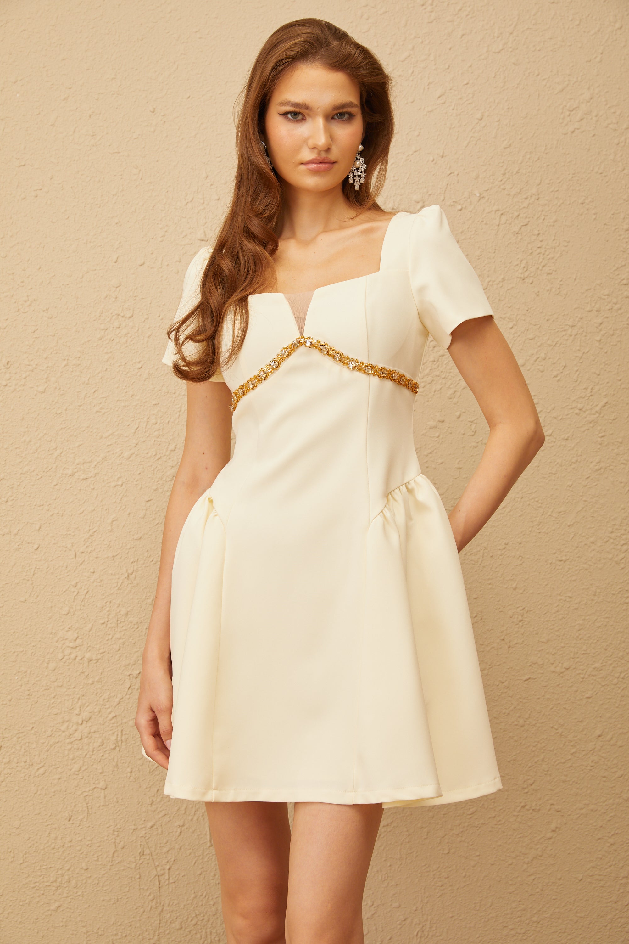 Anaïs Neutral Embellished Puff Mini Dress