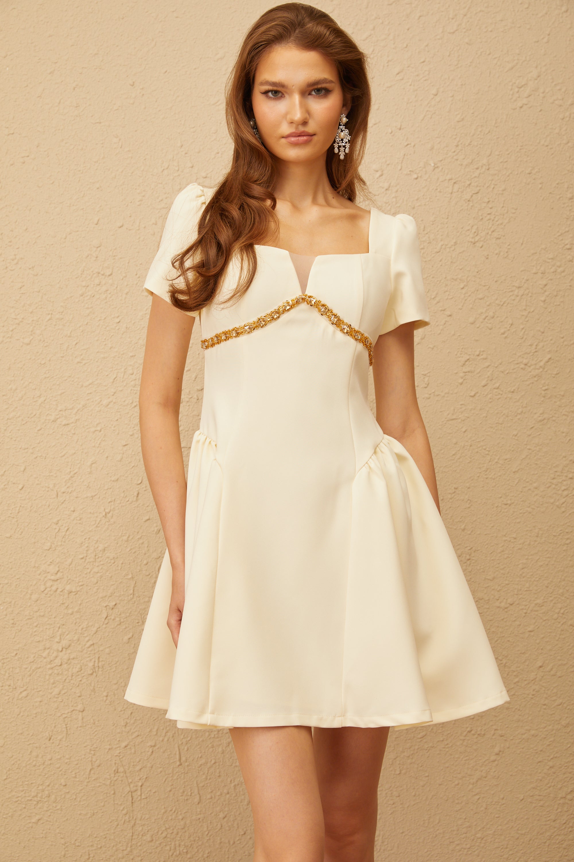 Anaïs Neutral Embellished Puff Mini Dress