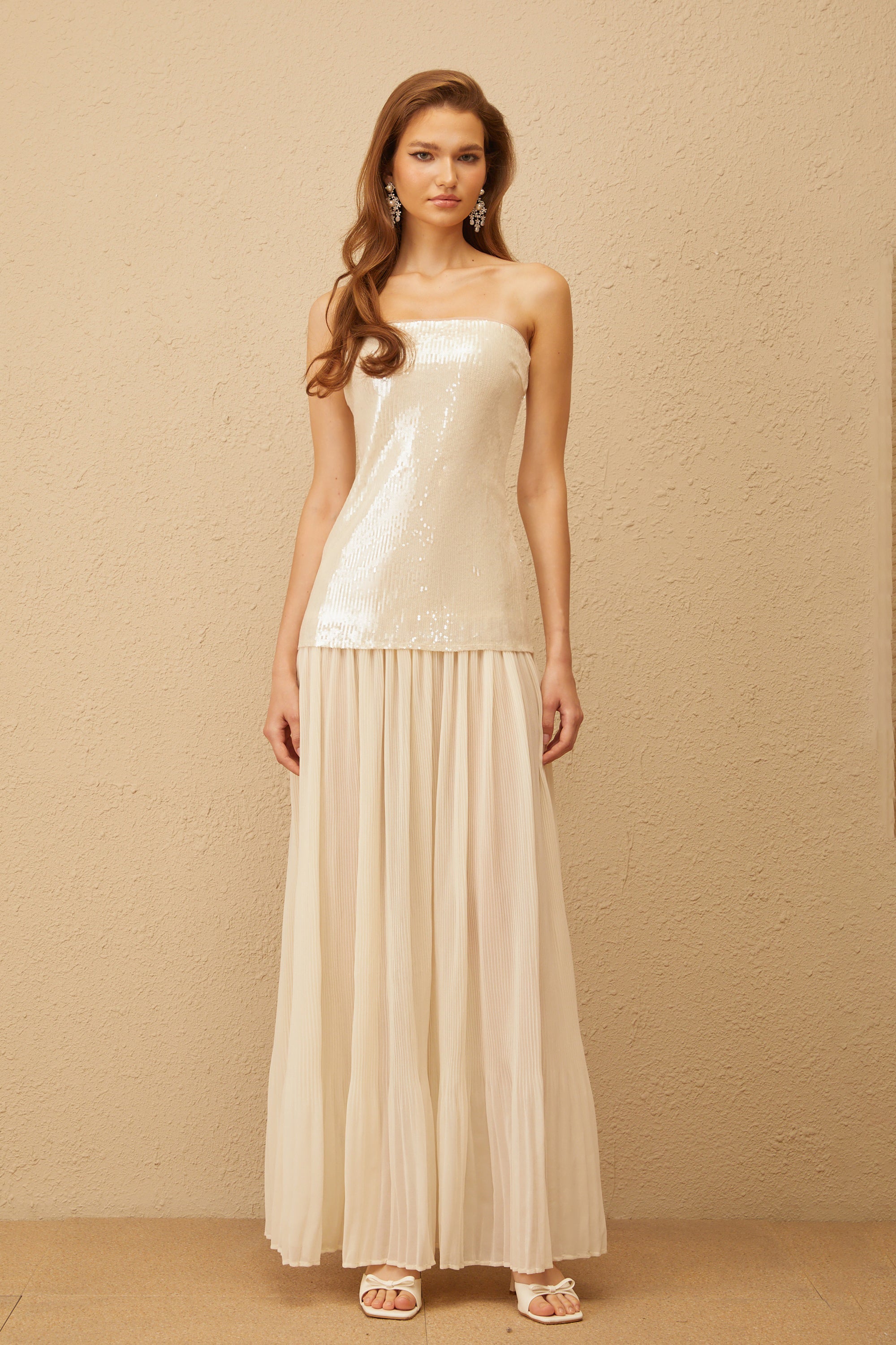 Isoline Neutral Sequin Corset Maxi Dress