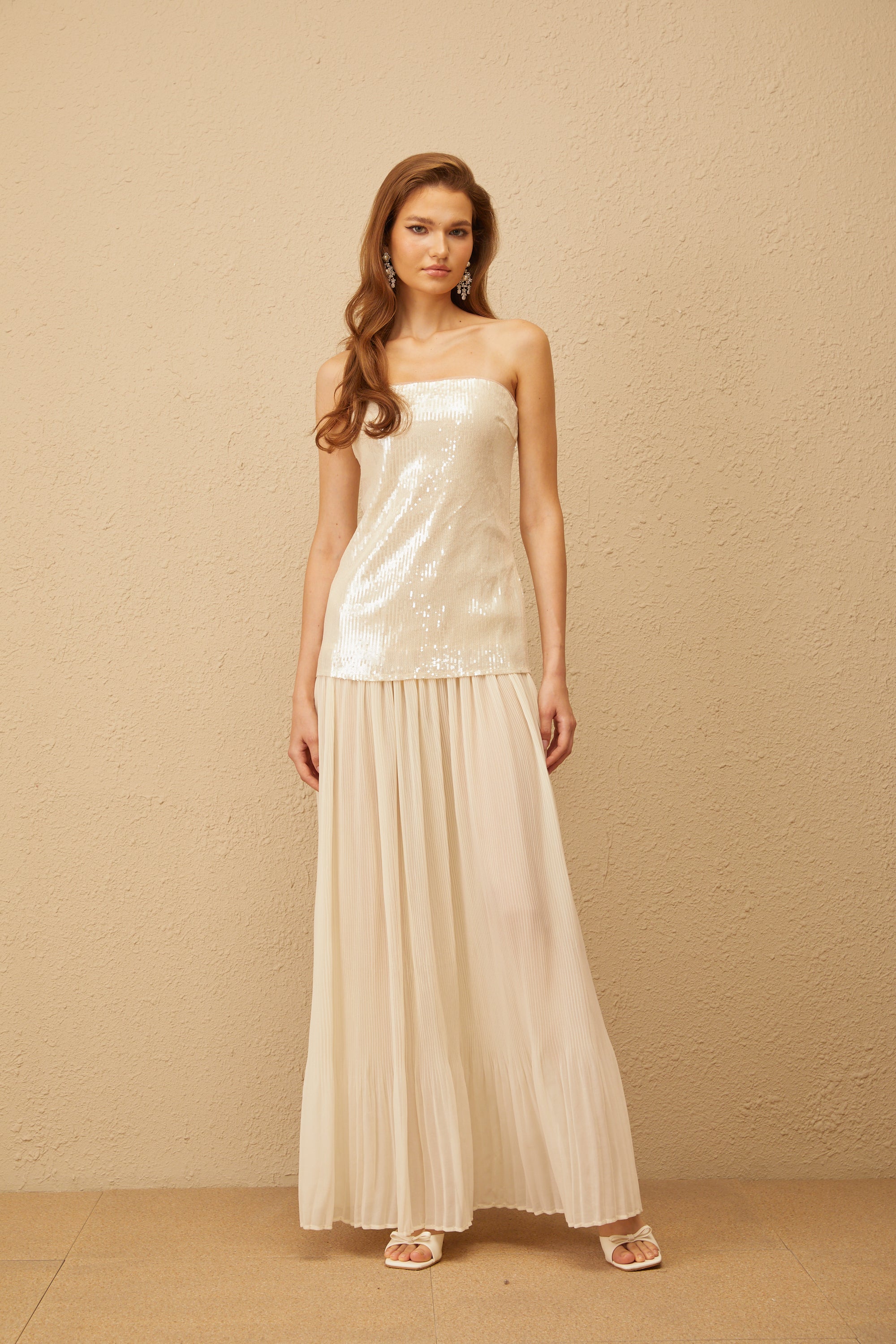 Isoline Neutral Sequin Corset Maxi Dress