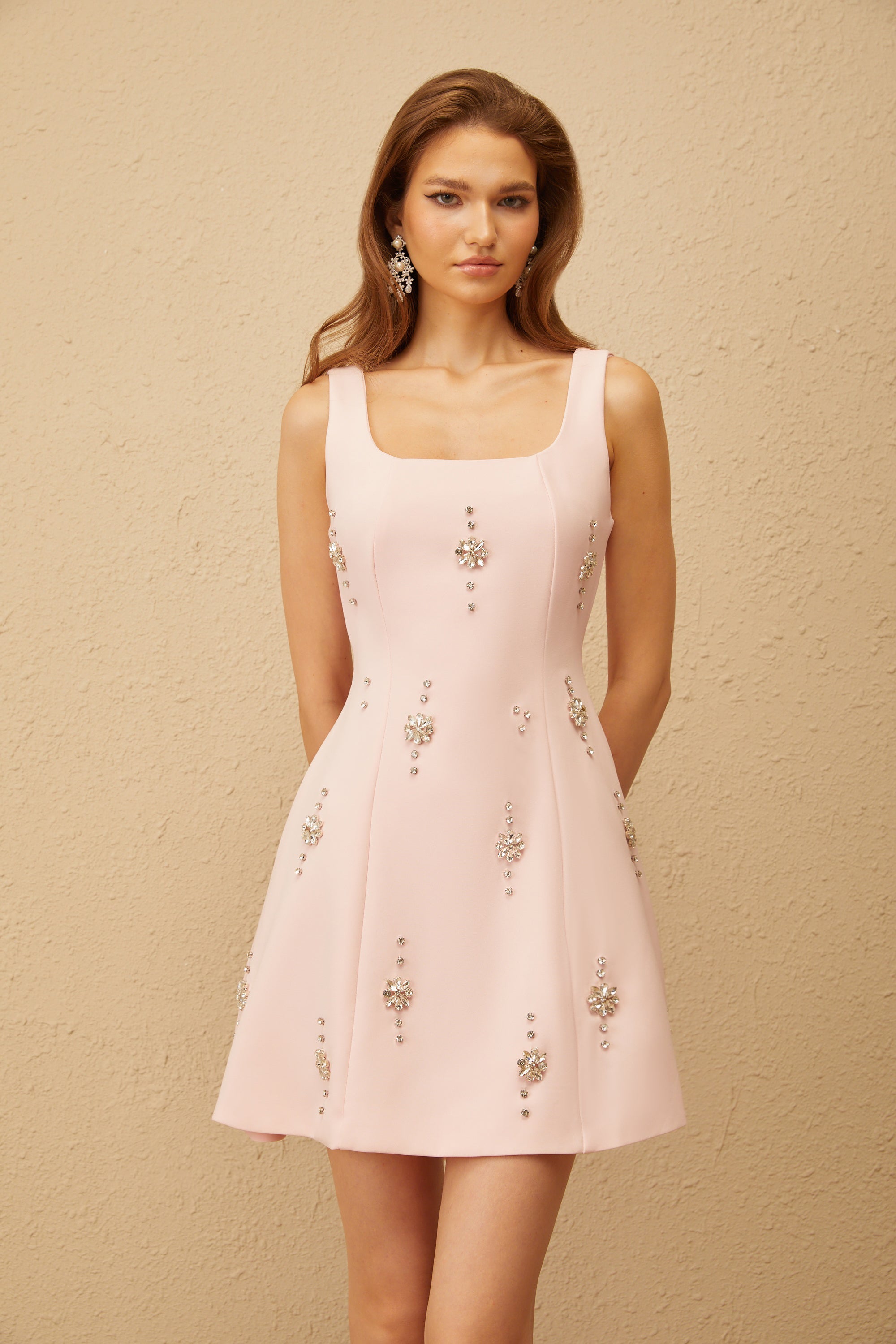 Corentine Pink Open Back Embellished Mini Dress