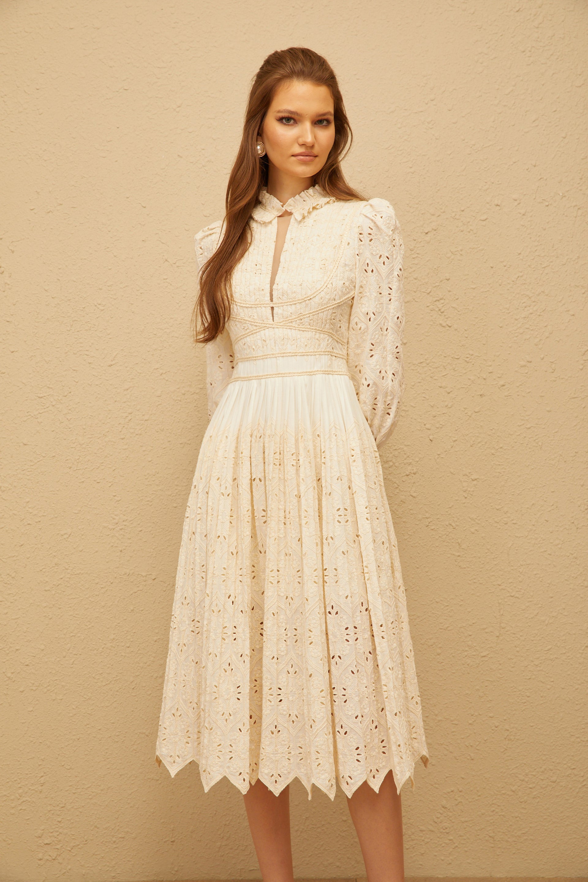 Isabeau Neutral Floral Embroidered Pleated Midi Dress, XL / Neutrals