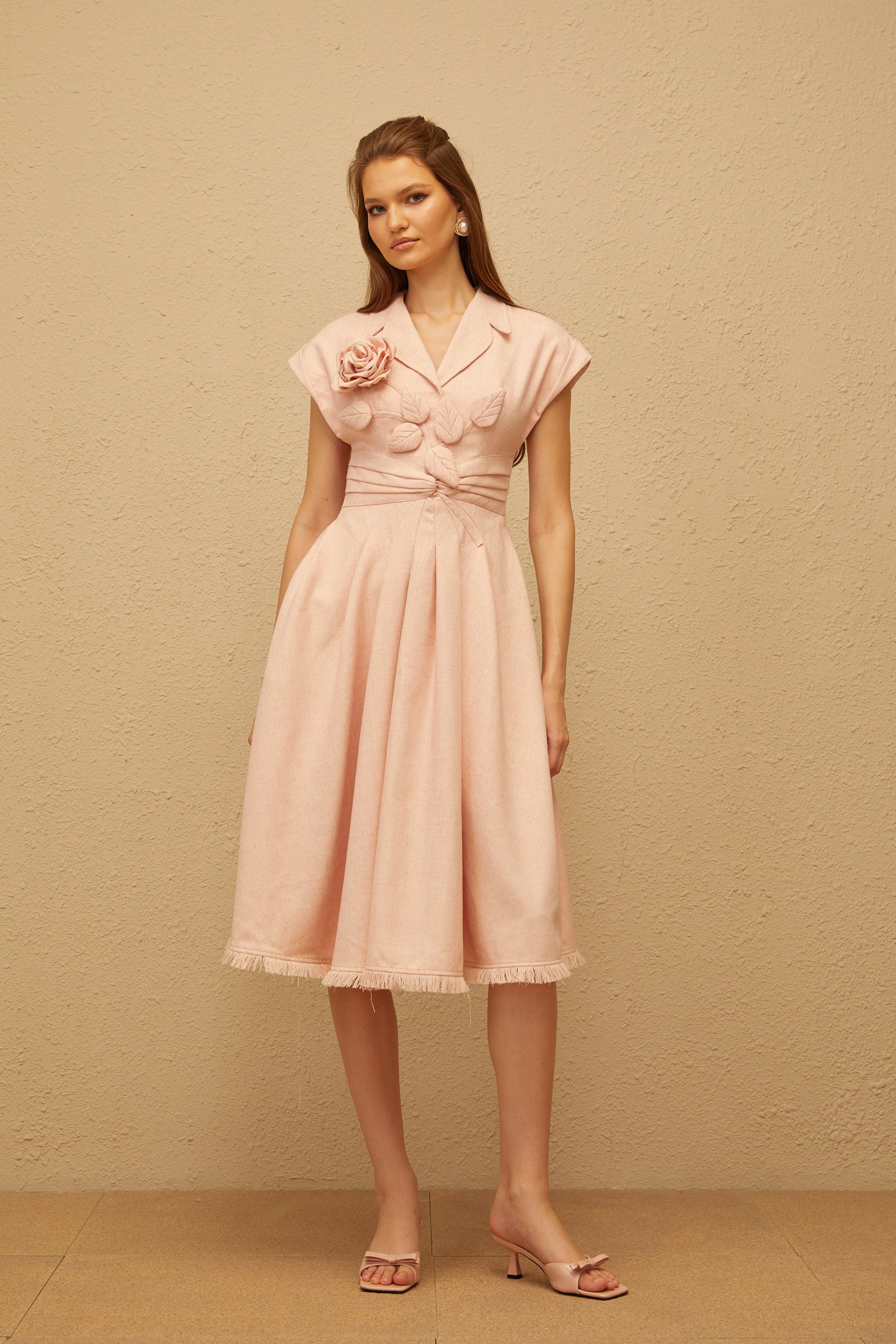Bernadett Pink 3D Petal Pleated Midi Dress (Final Sale)