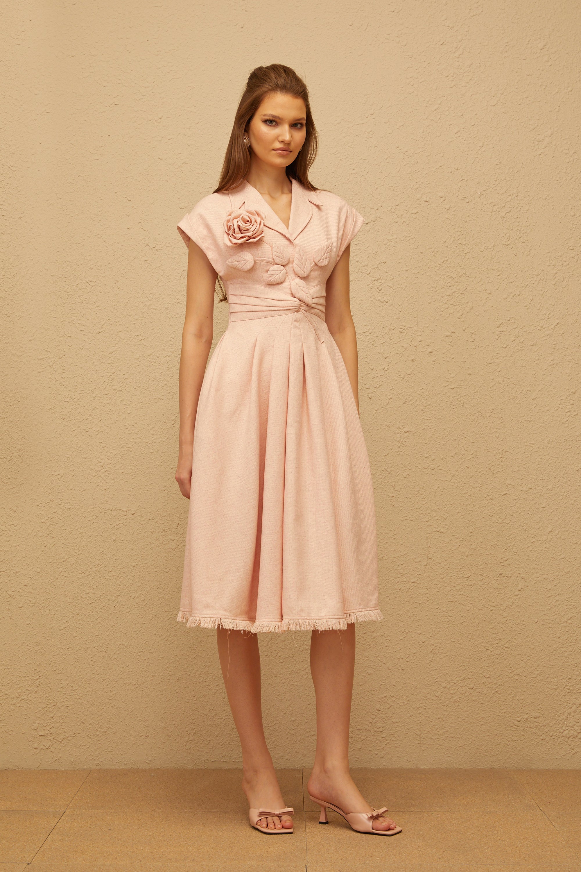 Bernadett Pink 3D Petal Pleated Midi Dress (Final Sale)