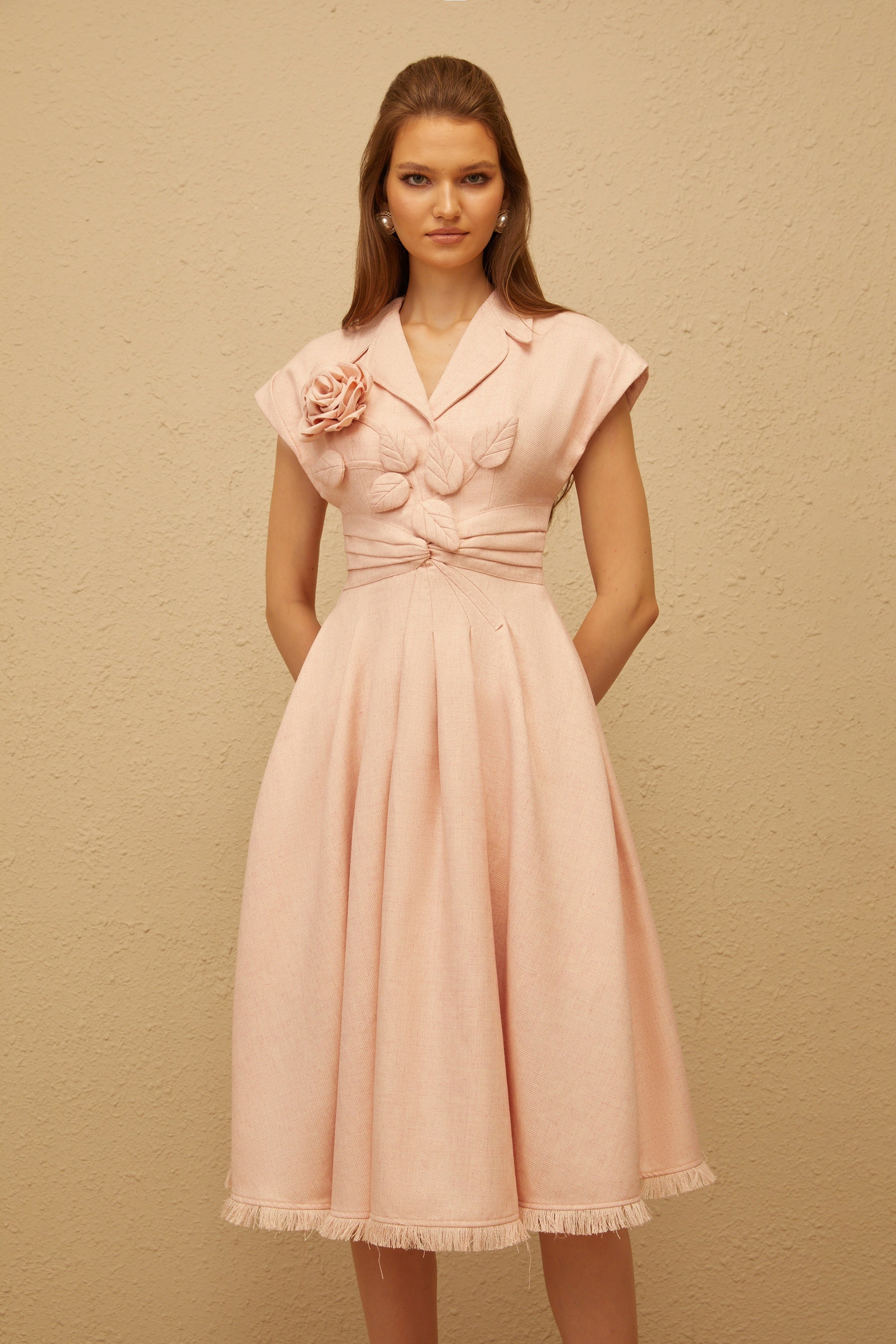 Bernadett Pink 3D Petal Pleated Midi Dress (Final Sale)