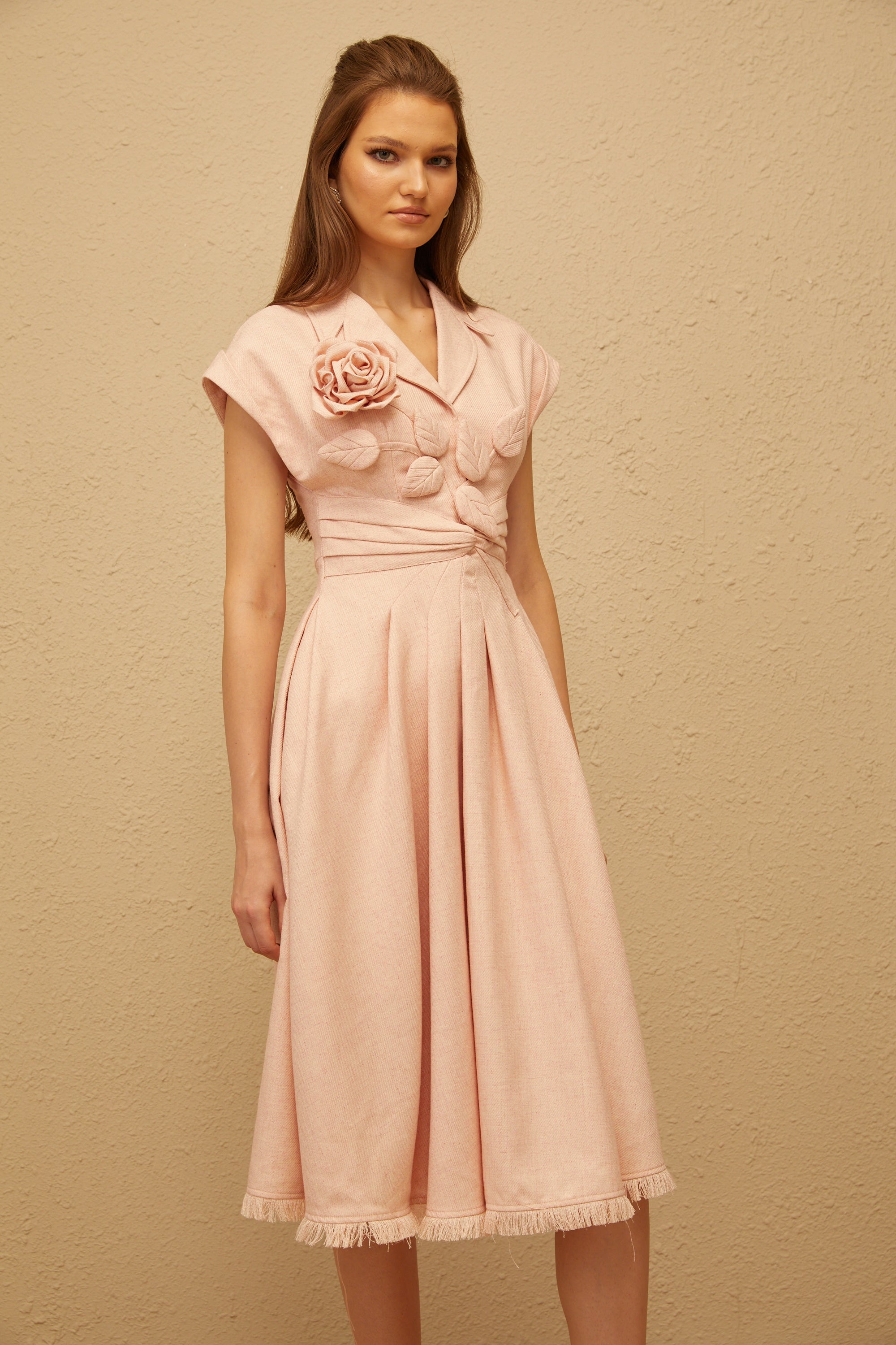 Bernadett Pink 3D Petal Pleated Midi Dress (Final Sale)