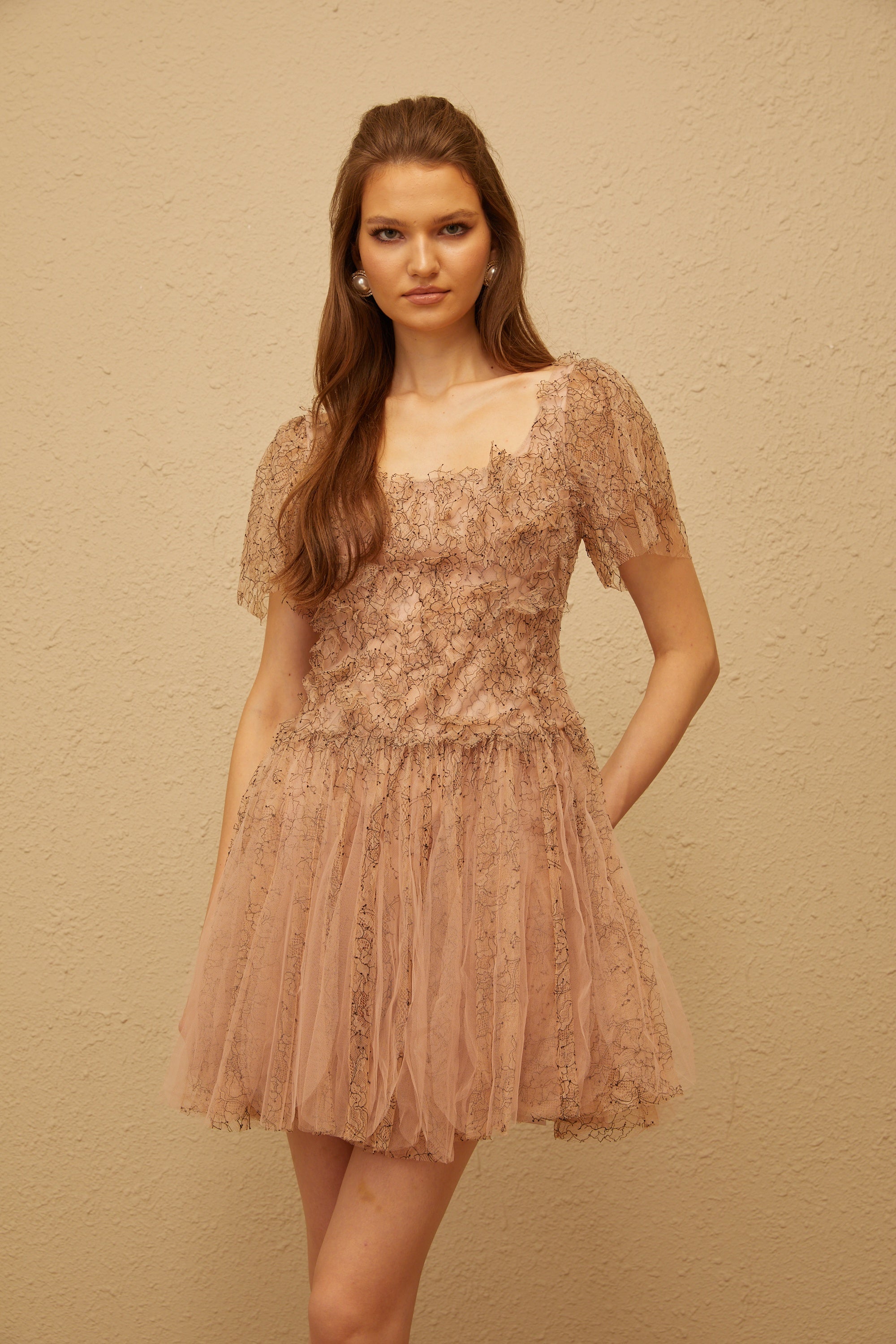 Gaëtane Brown Tulle Panel Lace Mini Dress