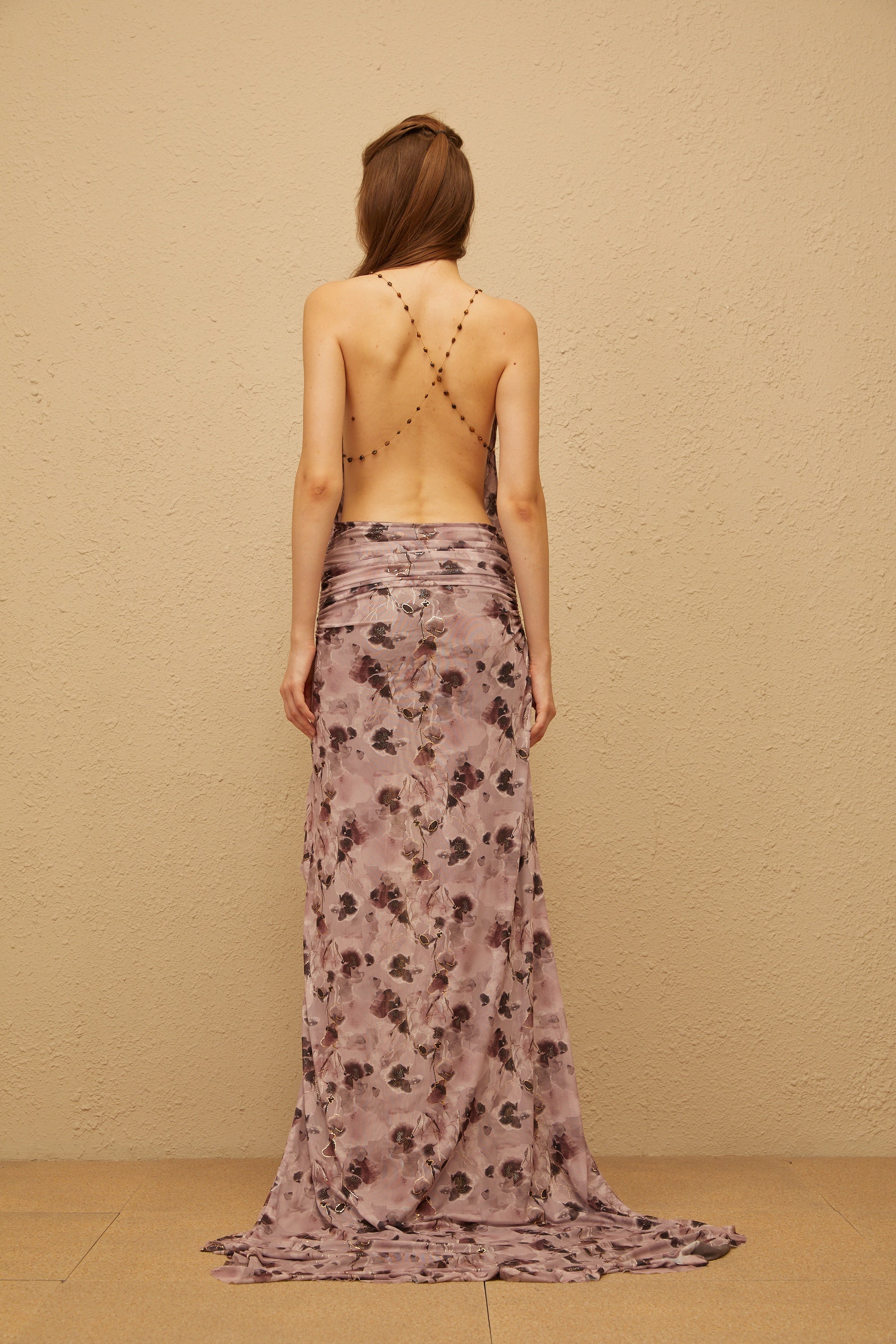 Aurore Lila Glitzerndes Blumenmuster Netz-Maxikleid