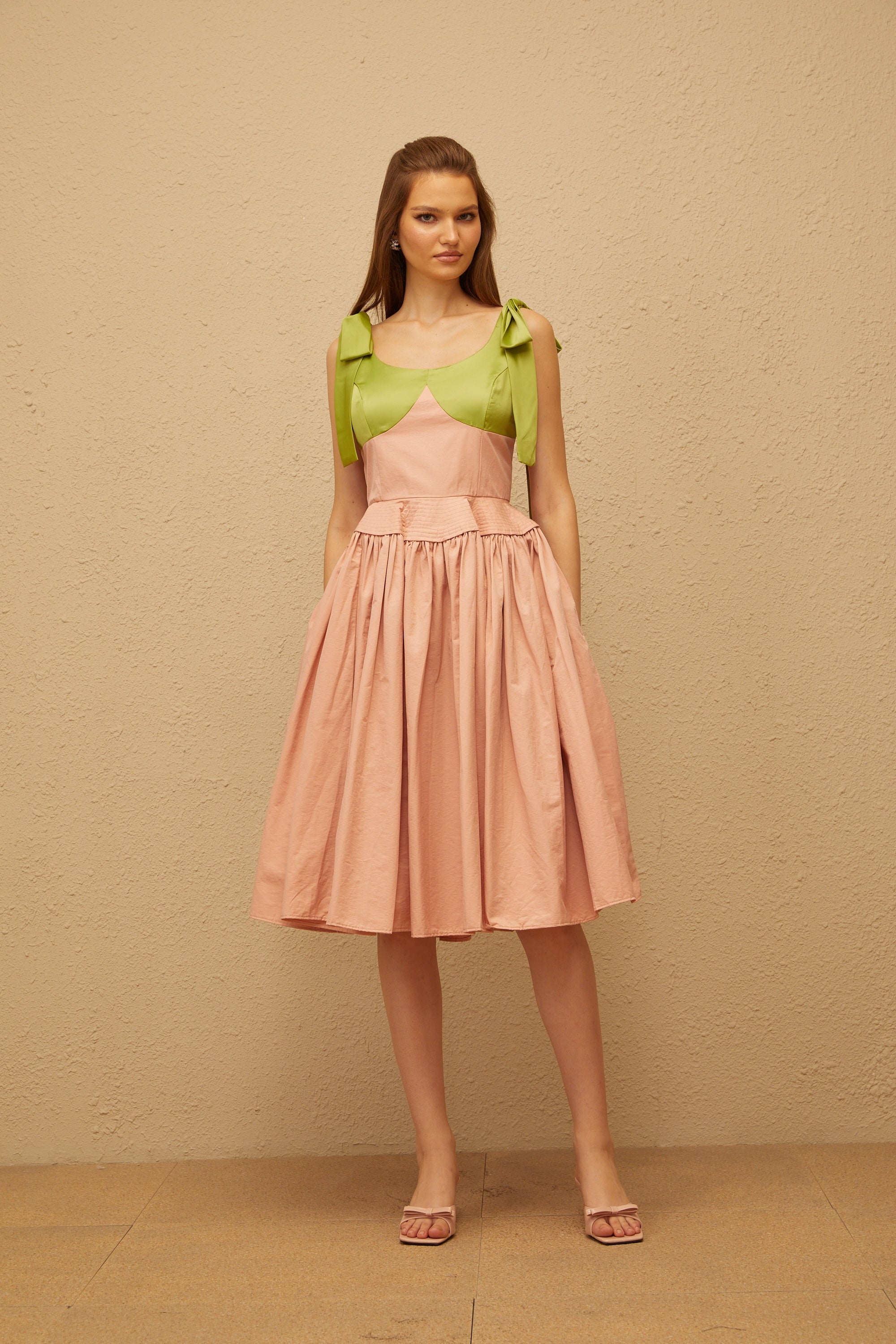 Abrielle Pink Satin Bowknot Strap Midi Dress (Final Sale)