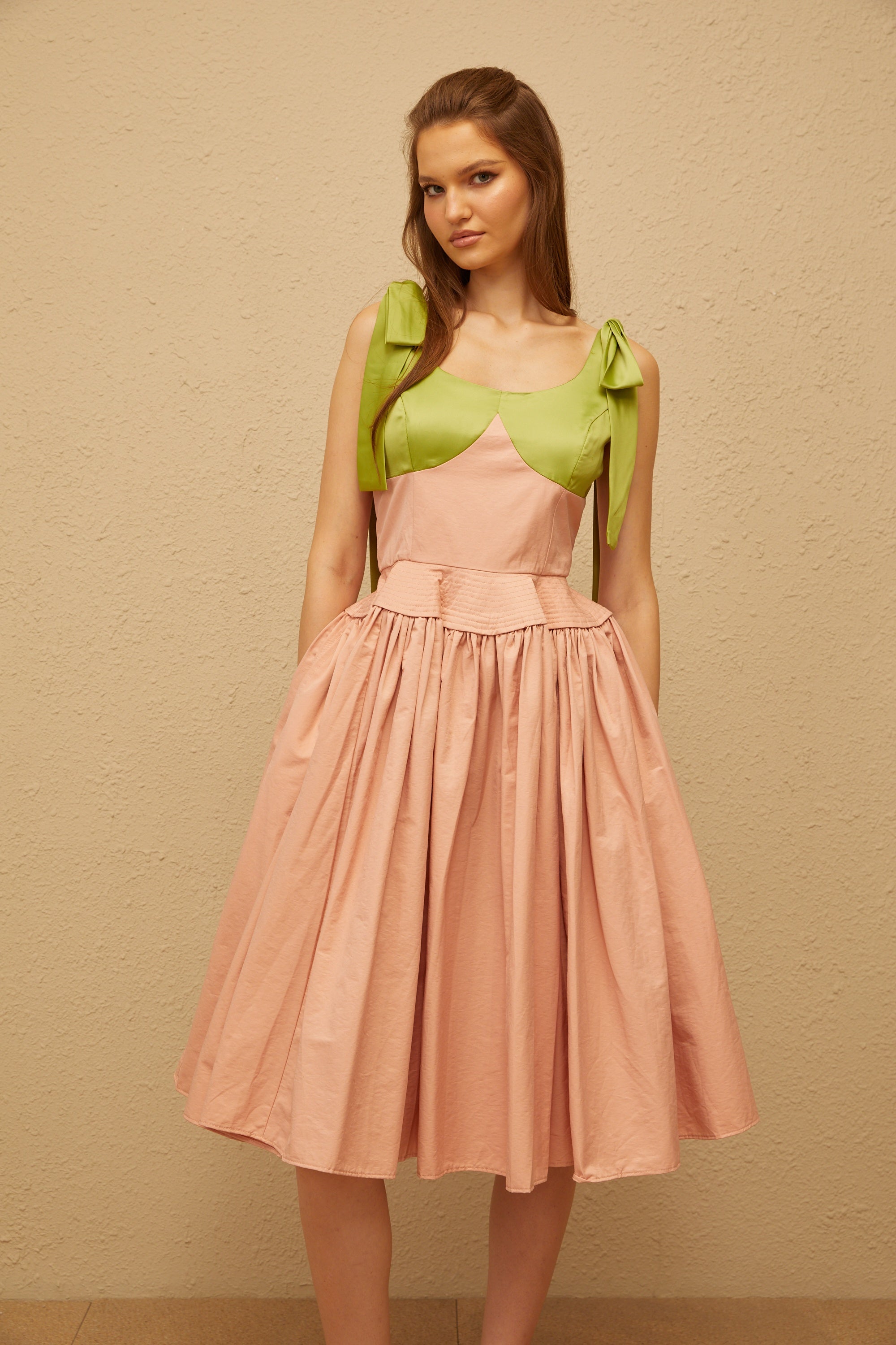 Abrielle Pink Satin Bowknot Strap Midi Dress (Final Sale)