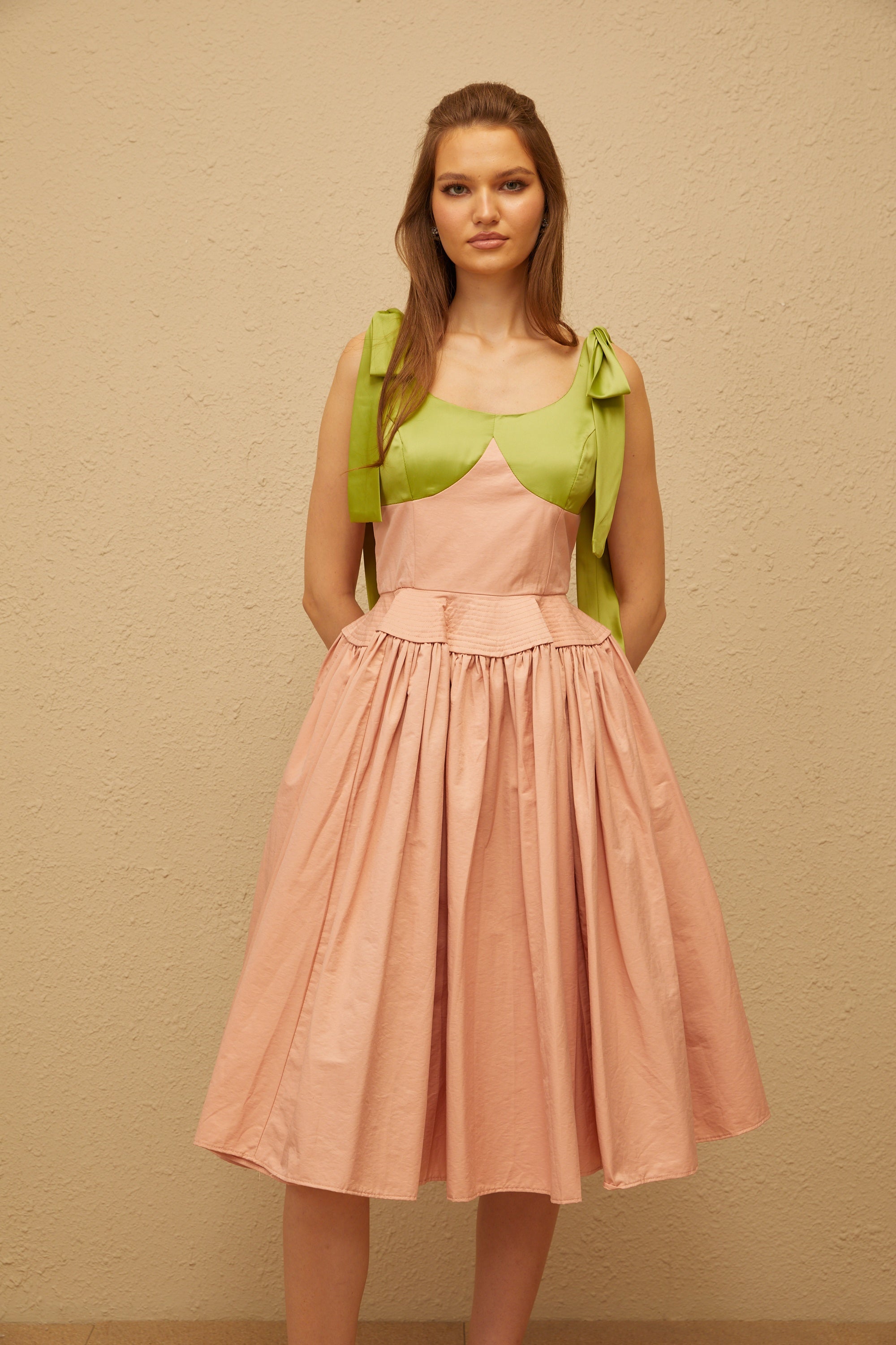 Abrielle Pink Satin Bowknot Strap Midi Dress (Final Sale)