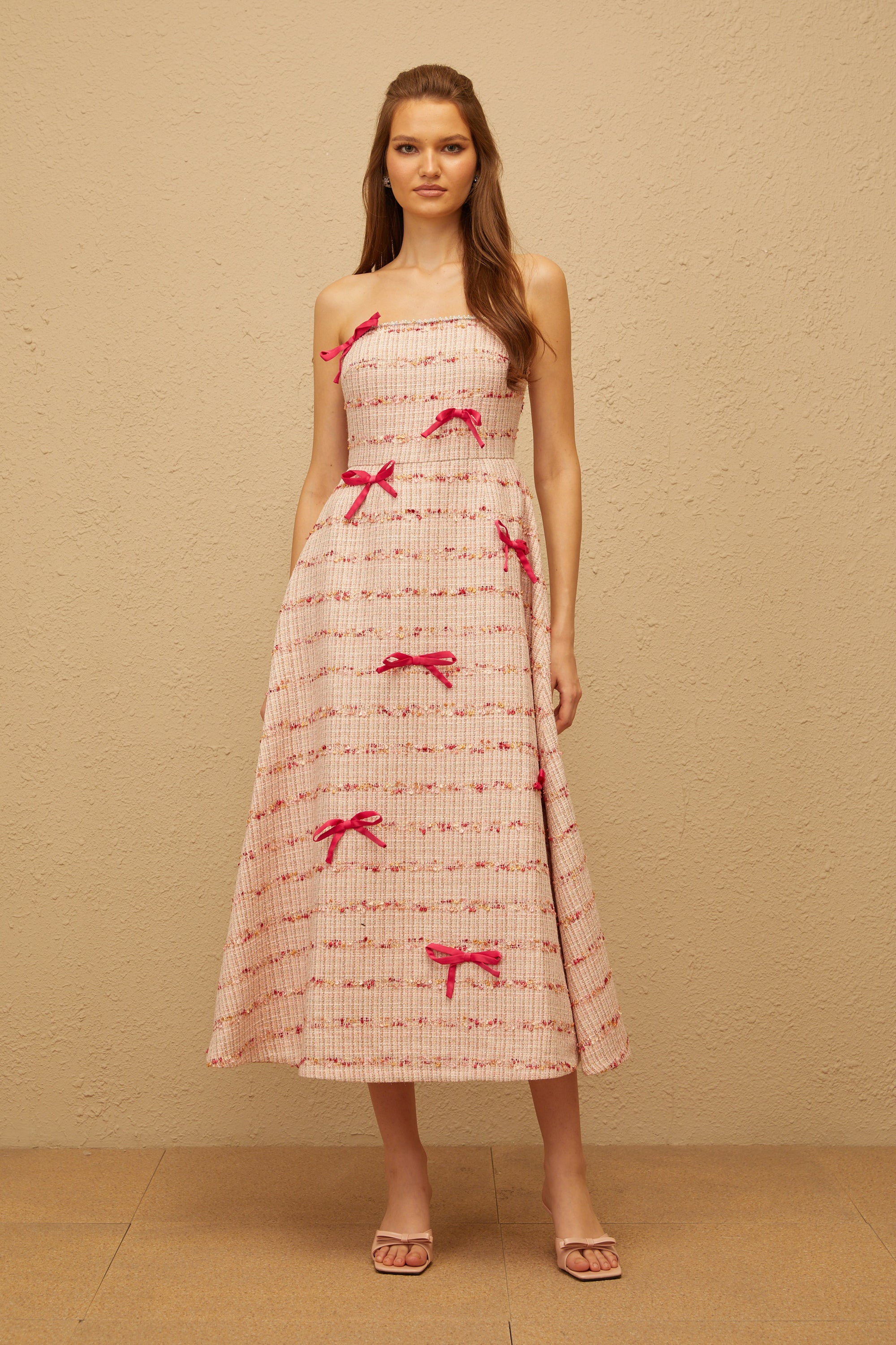 Fabienne Pink Bow Embellished Tweed Midi Dress