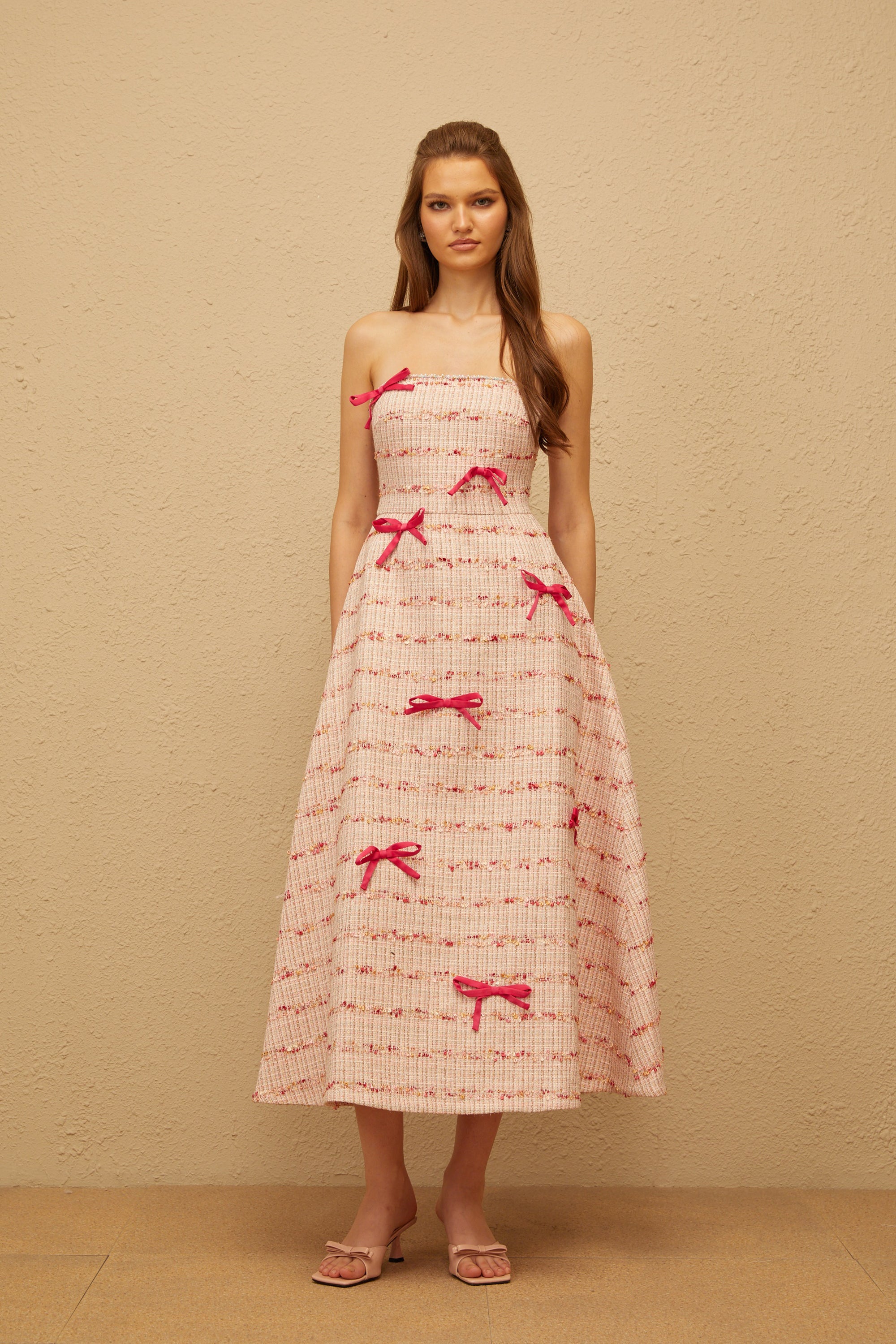 Fabienne Pink Bow Embellished Tweed Midi Dress