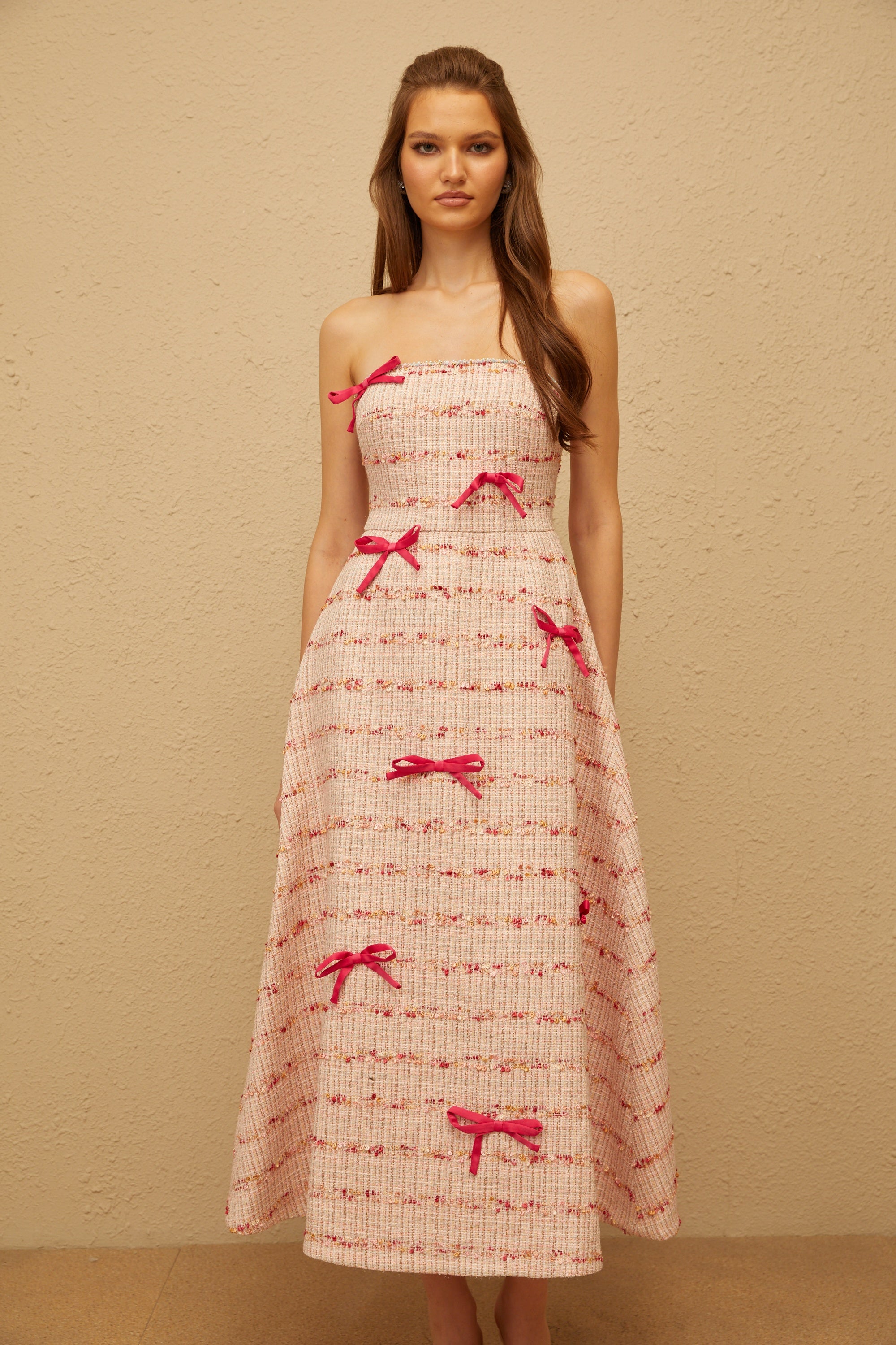 Fabienne Pink Bow Embellished Tweed Midi Dress