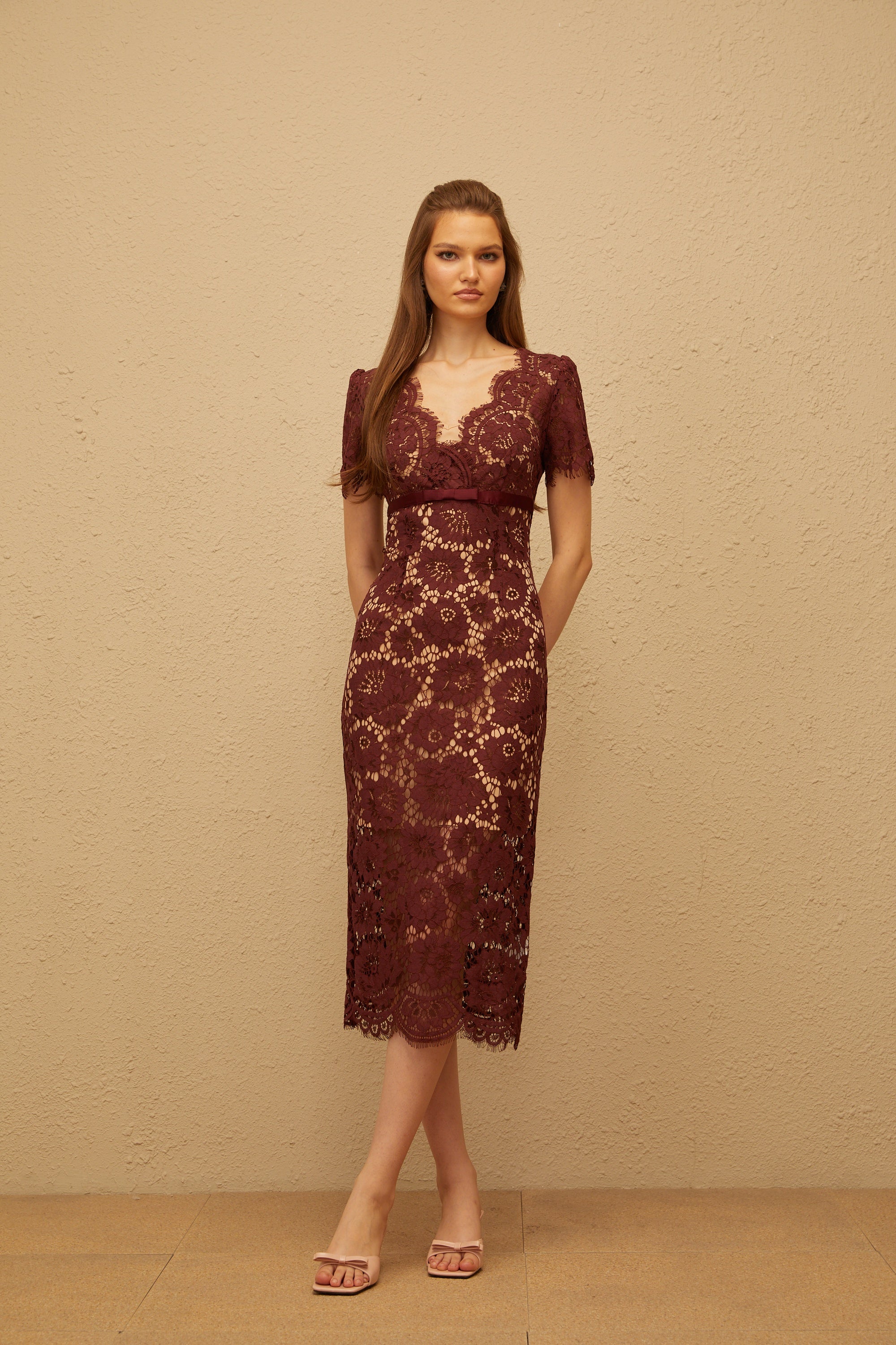Iris Burgundy Floral Lace Pencil Midi Dress
