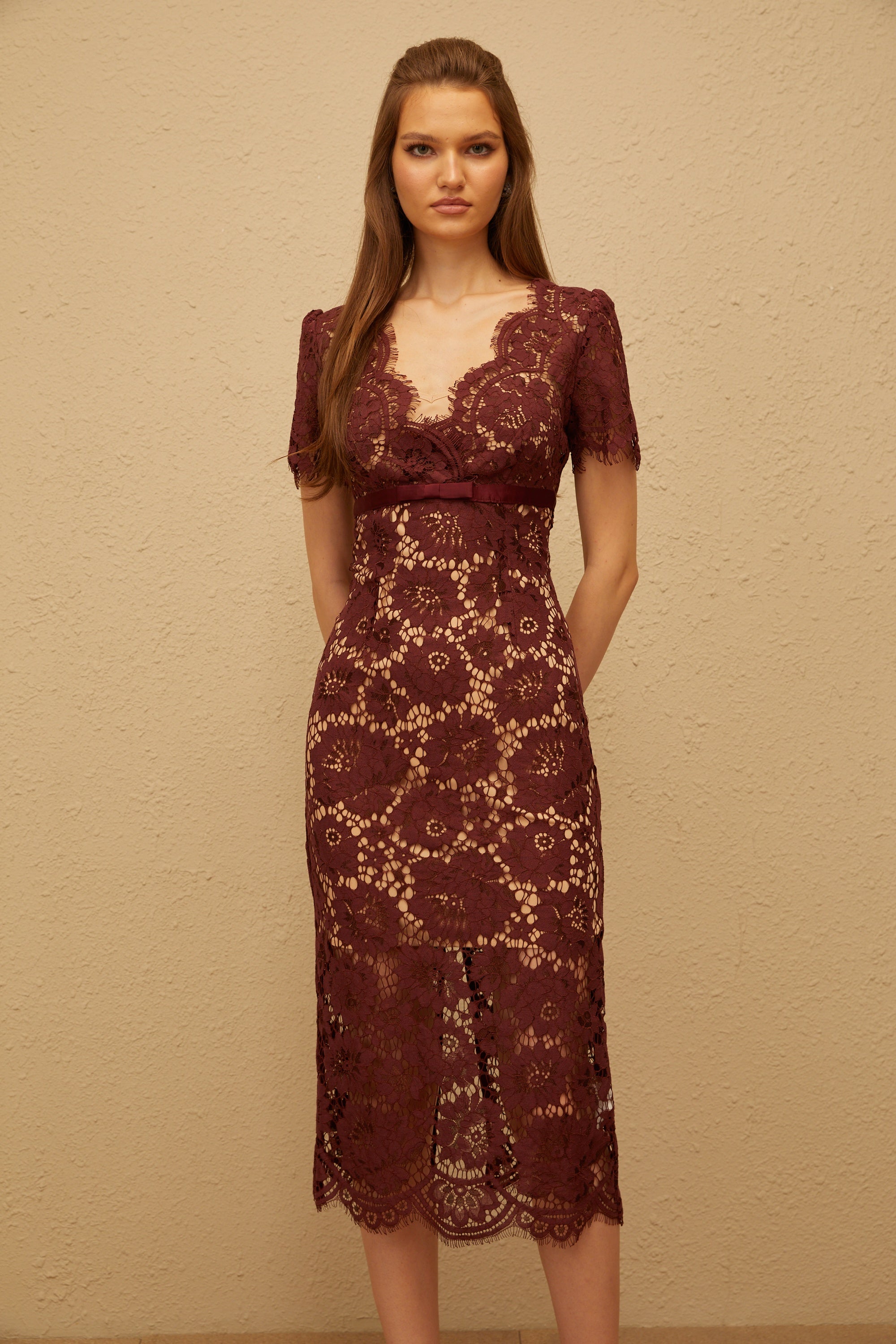 Iris Burgundy Floral Lace Pencil Midi Dress