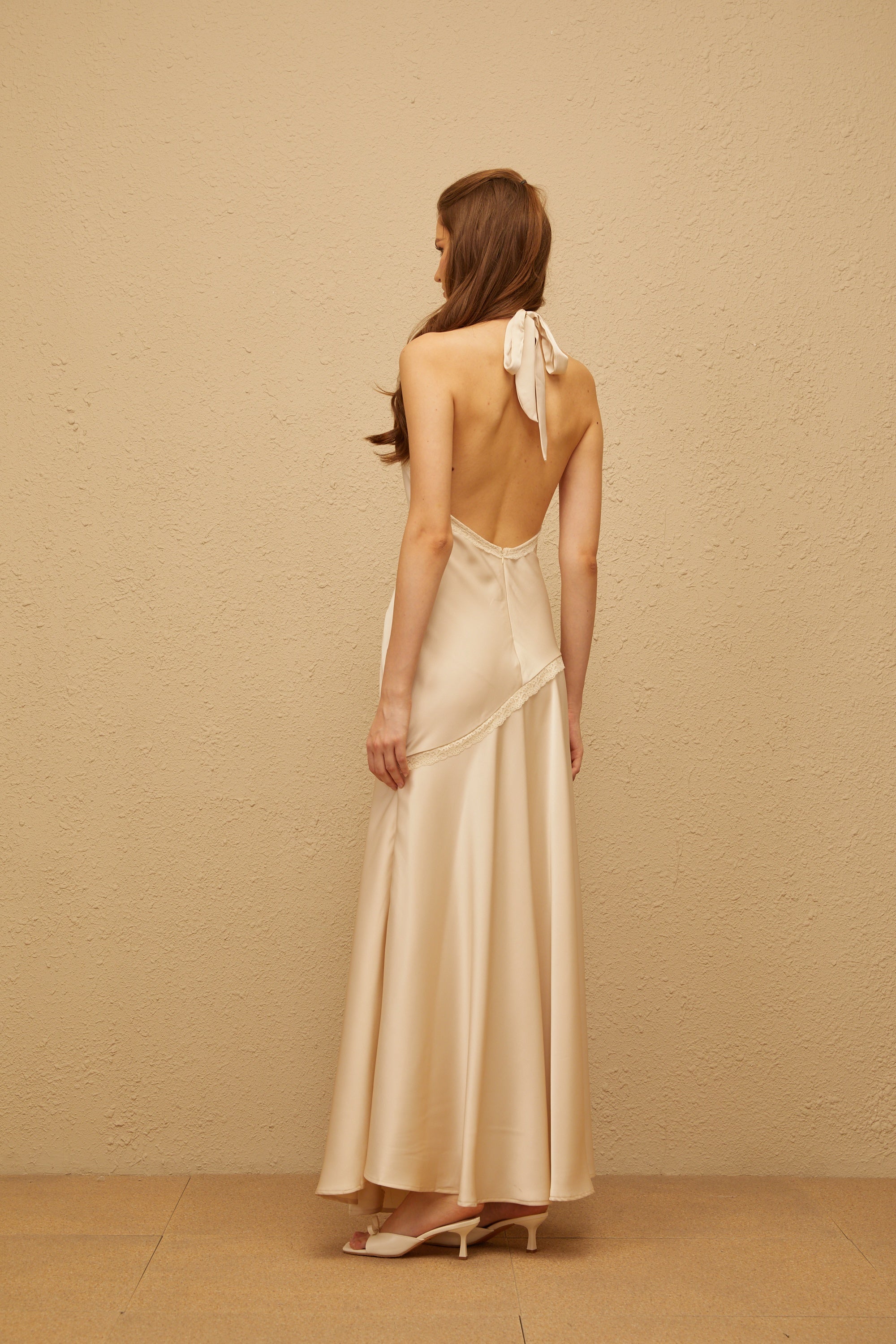 Aurore Neutral Halterneck Satin Maxi Dress