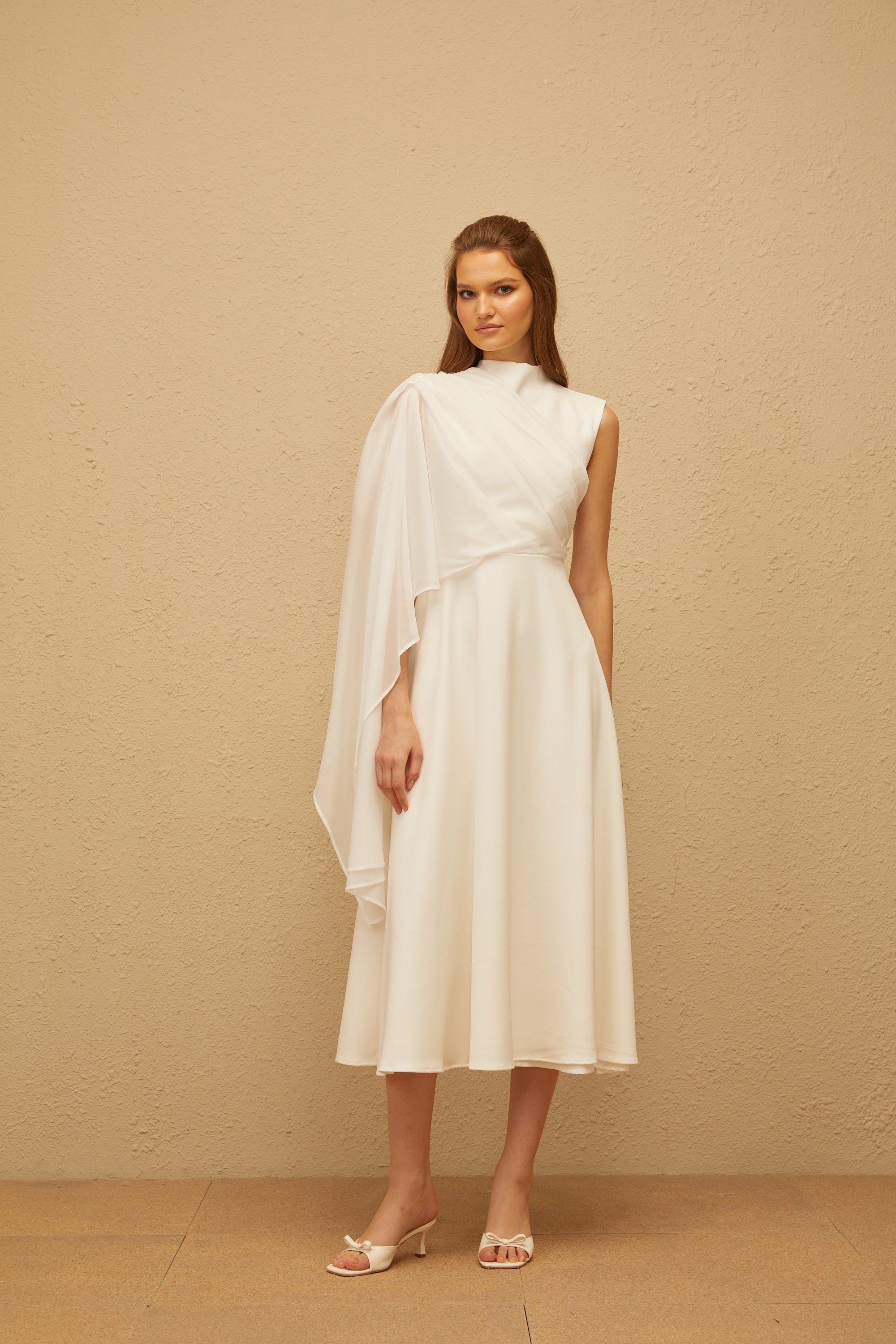 Léopoldine White Asymmetrical Shawl Midi Dress