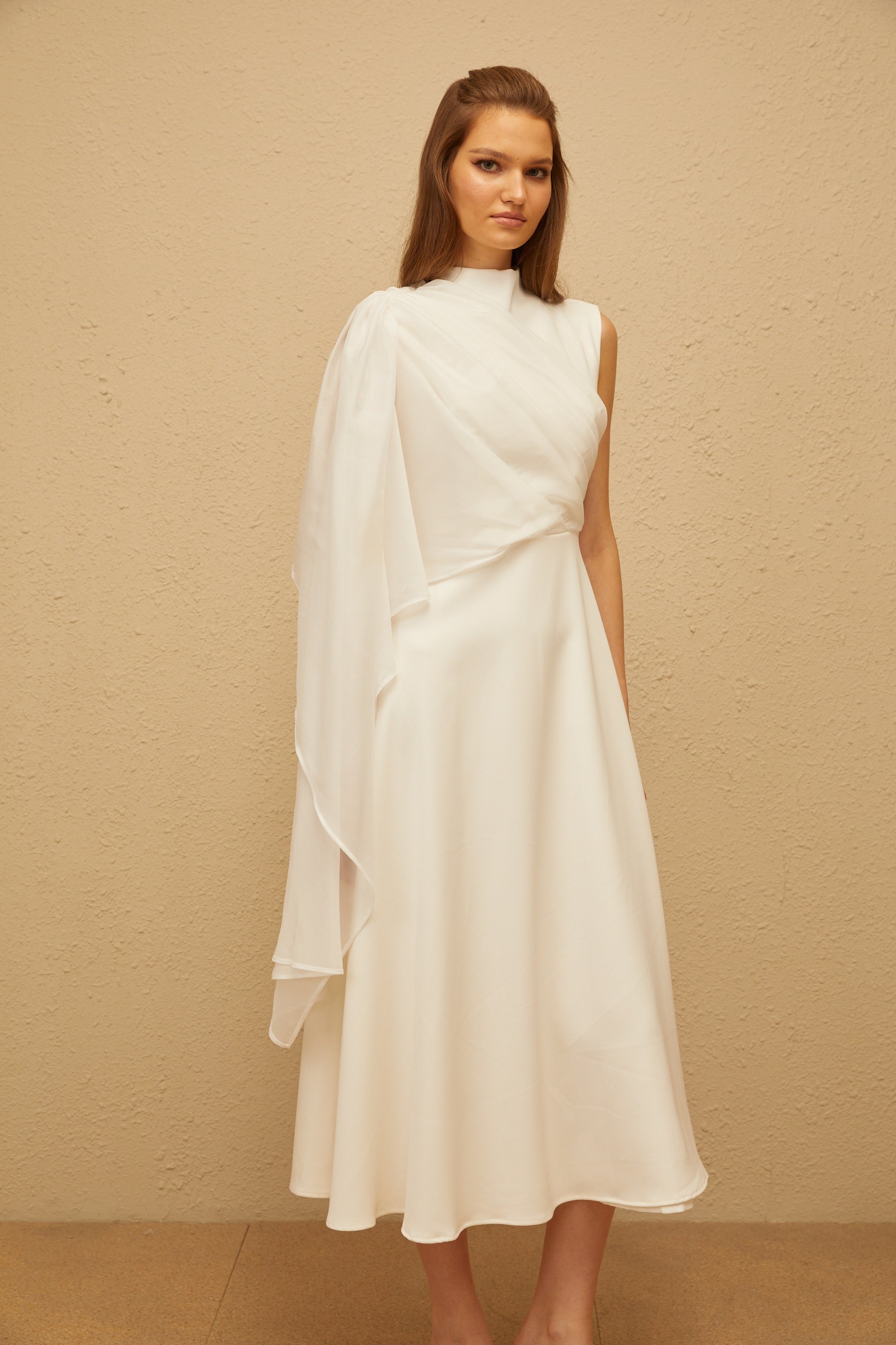 Léopoldine White Asymmetrical Shawl Midi Dress