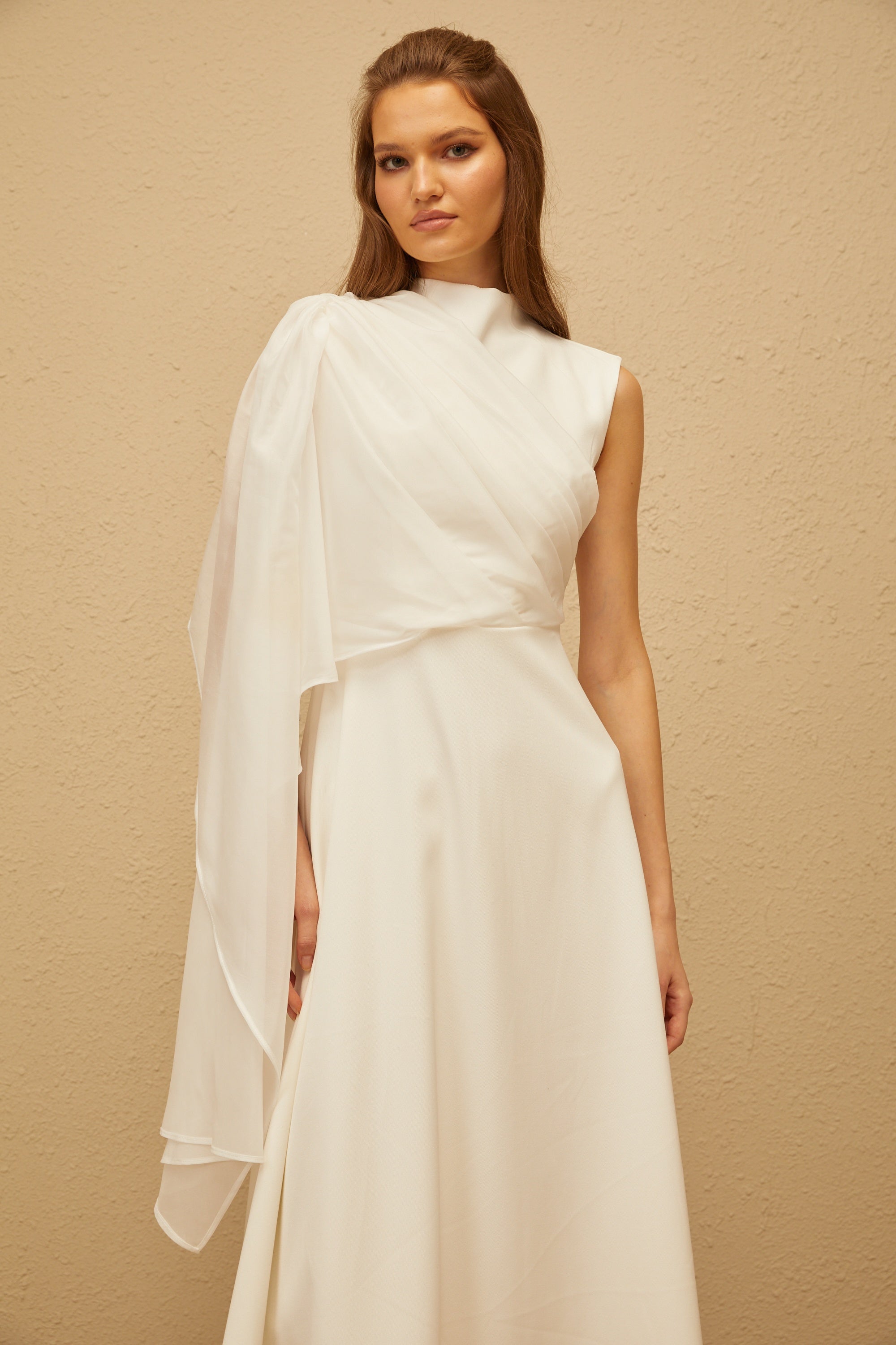 Léopoldine White Asymmetrical Shawl Midi Dress