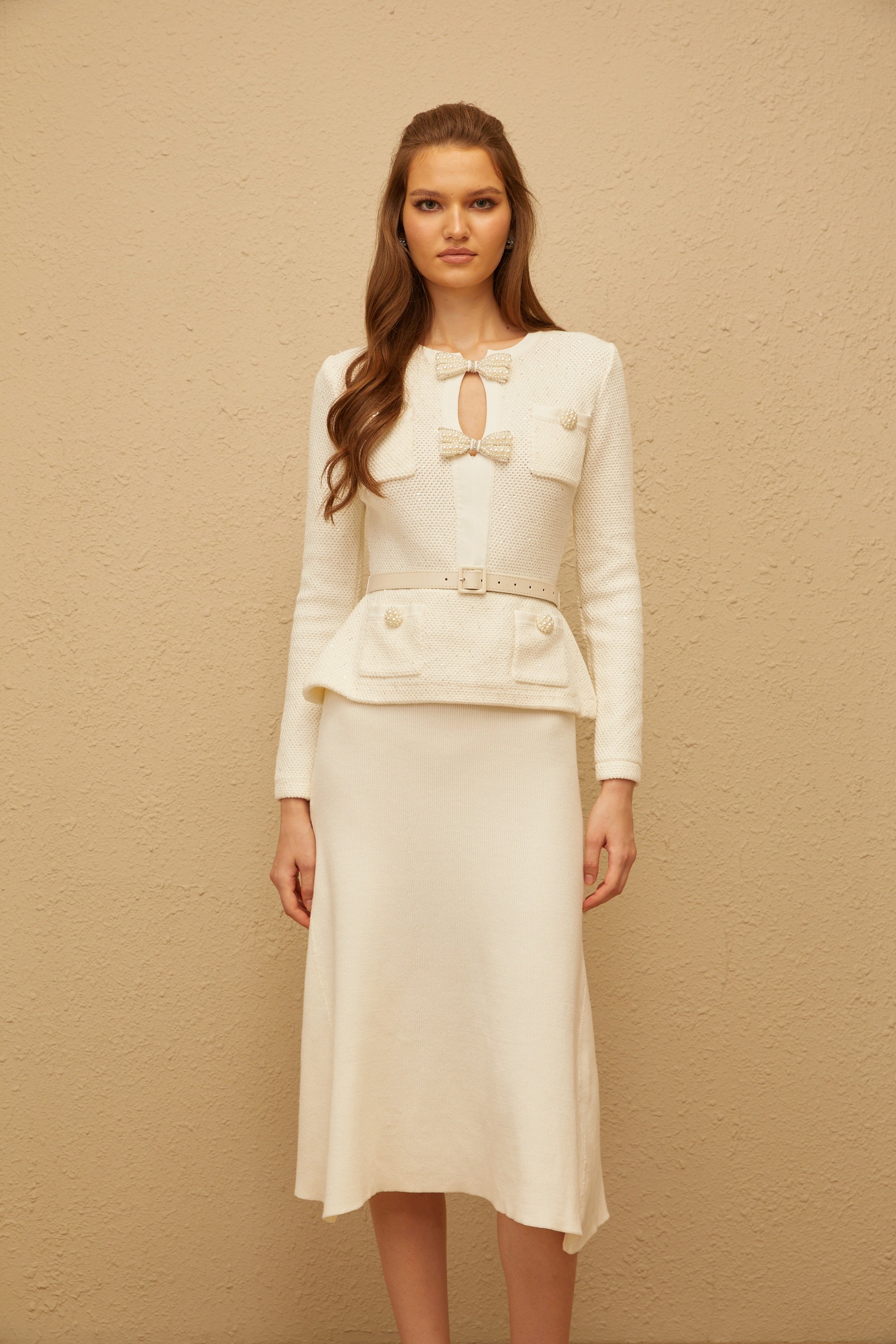 Adélade White Embellished Knit Midi Dress