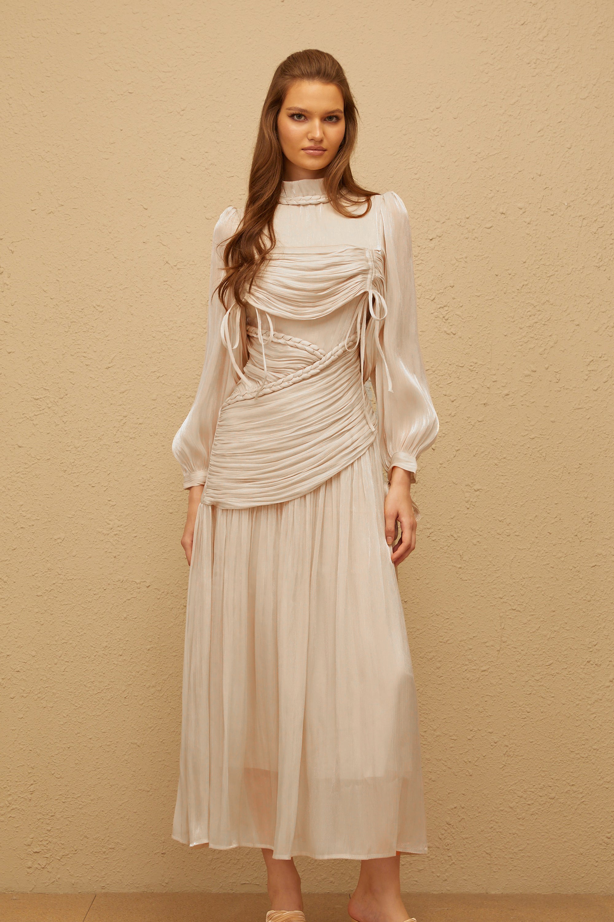 Amour Grey Ruched Glossy Maxi Dress